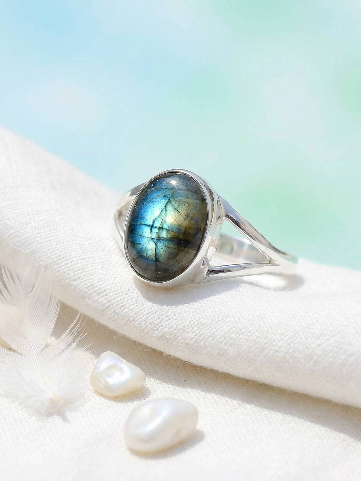 mantraroma Silberring HARDIN aus 925 Silber mit Labradorit (Ring mit Schmuckbeutel), Damenring aus 925er Silber