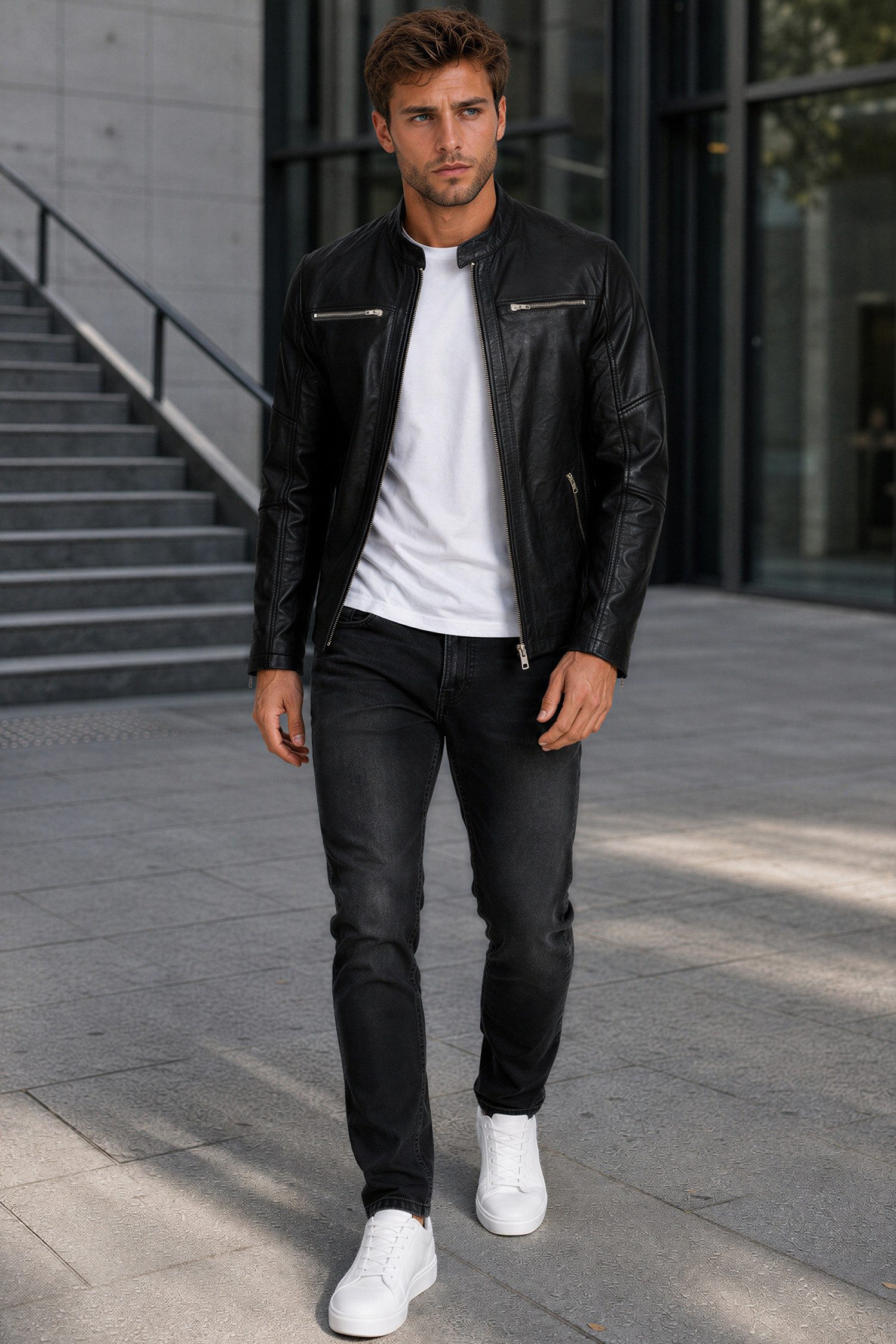 Reichstadt Lederjacke Herren Slim Fit Bikerjacke Silver Zipper 20RS20LUX Reißverschluss an den Ärmelenden