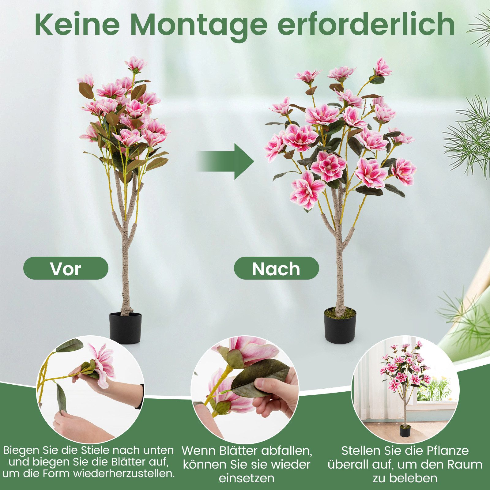 Kunstbaum Magnolienbaum, COSTWAY, Höhe 130 cm, 90CM Kunstbaum mit Blüten, Künstlicher Magnolienbaum