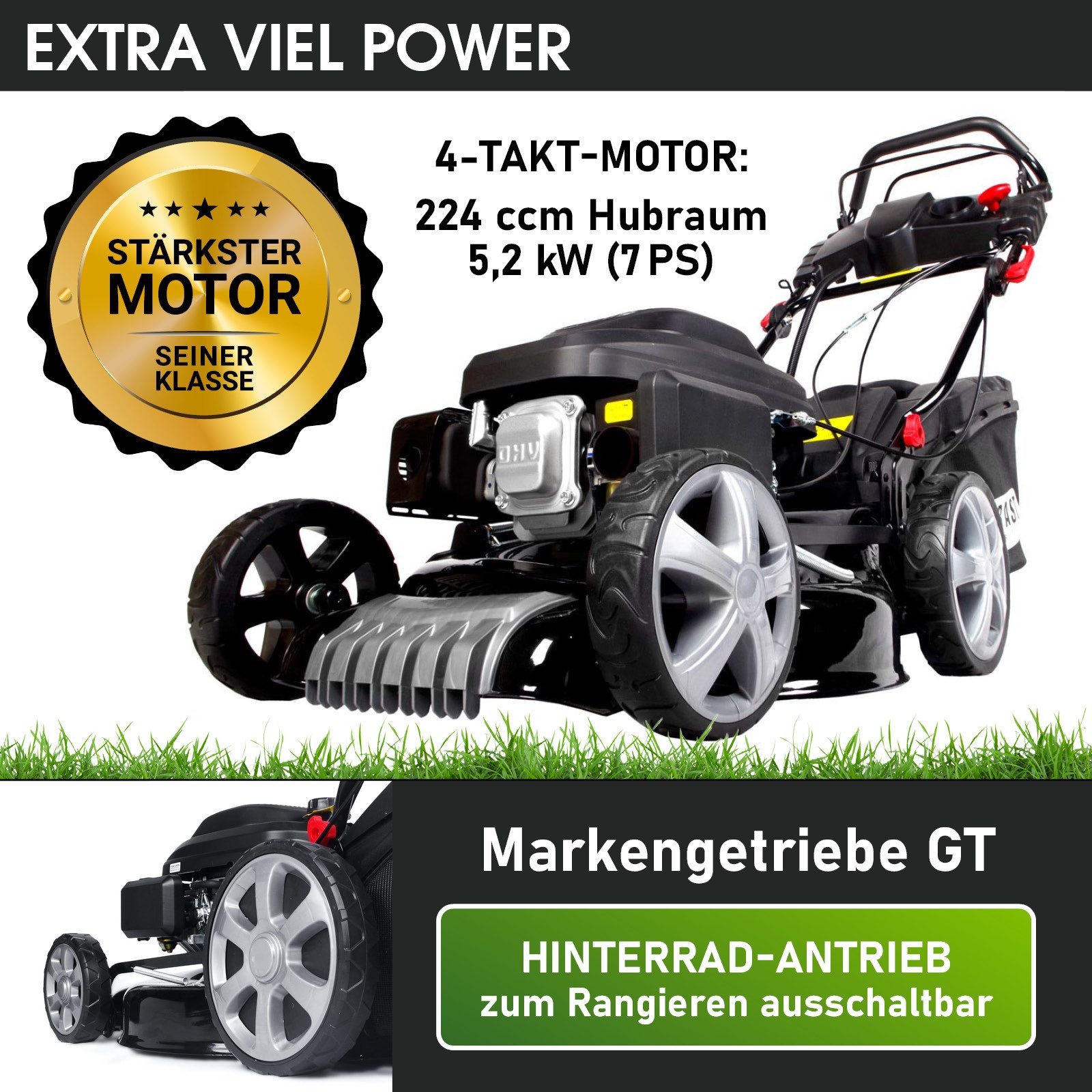 BRAST Benzinrasenmäher mit Antrieb, 5,2kW(7PS), TÜV geprüft, 4 Takt OHV Motor, E-Start, 48 cm Schnittbreite, 30-80mm Schnitthöhe, 60L Fangkorb, Stahlgehäuse, 19224 E-Start