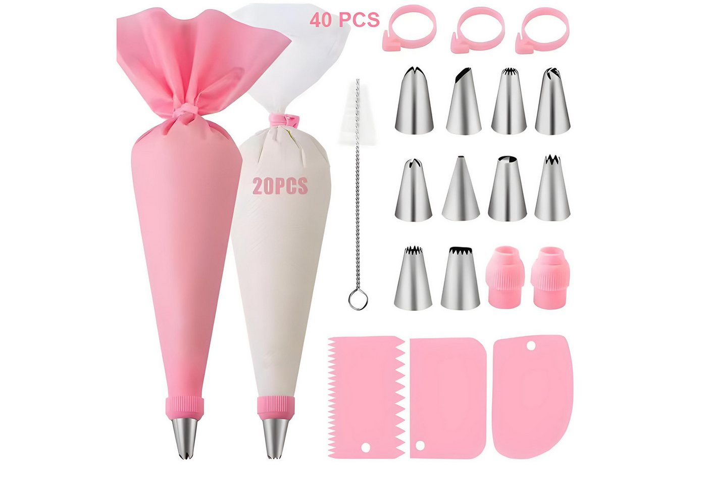 HS.SUPPLY Tortenwerkzeug Spritzbeutel Set 40-tlg. aus Silikon mit Edelstahl-Tüllen & Zubehör, Komplette Ausstattung für kreative Torten-, Cupcake- & Plätzchendeko