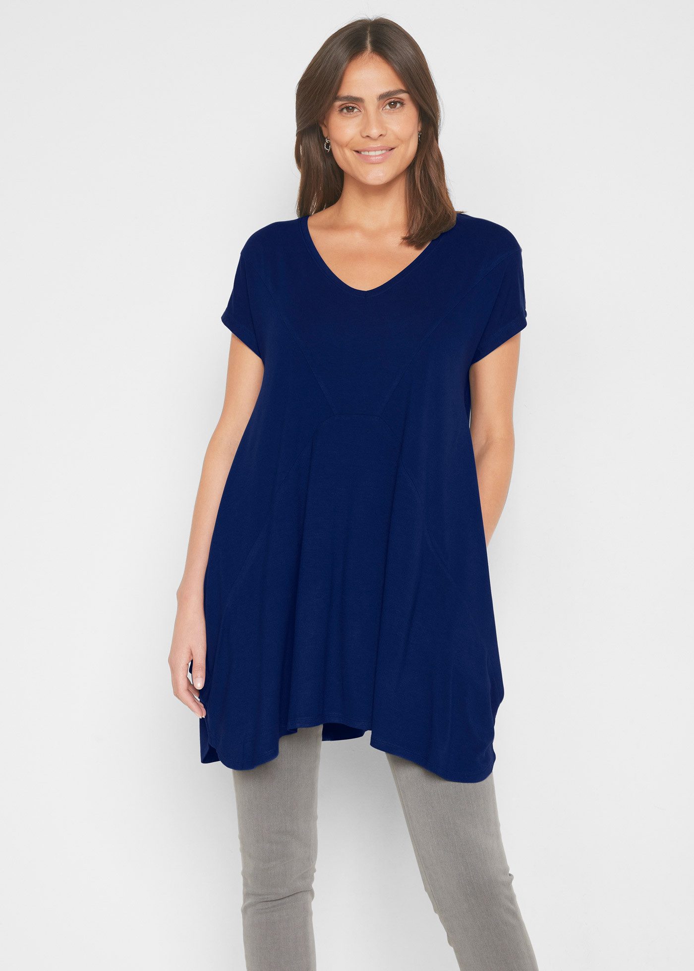 bonprix Longshirt A-Linie Passform, mit Eingrifftaschen, tiefer Rundhalsausschnitt