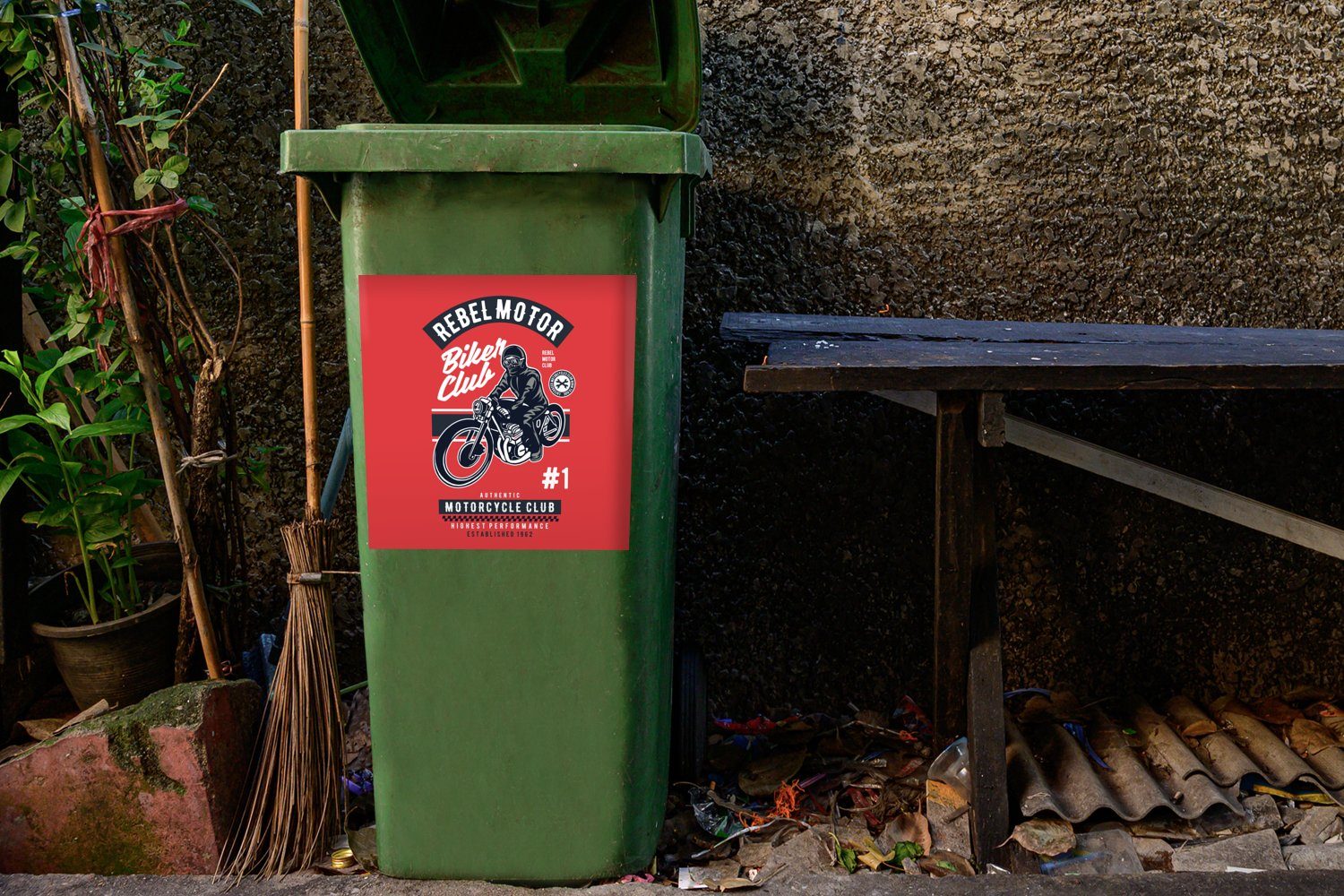 Retro Container, St), Abfalbehälter Sticker, - Motorrad Mülleimer-aufkleber, Zeichnung MuchoWow (1 Wandsticker Mülltonne, - - Mann