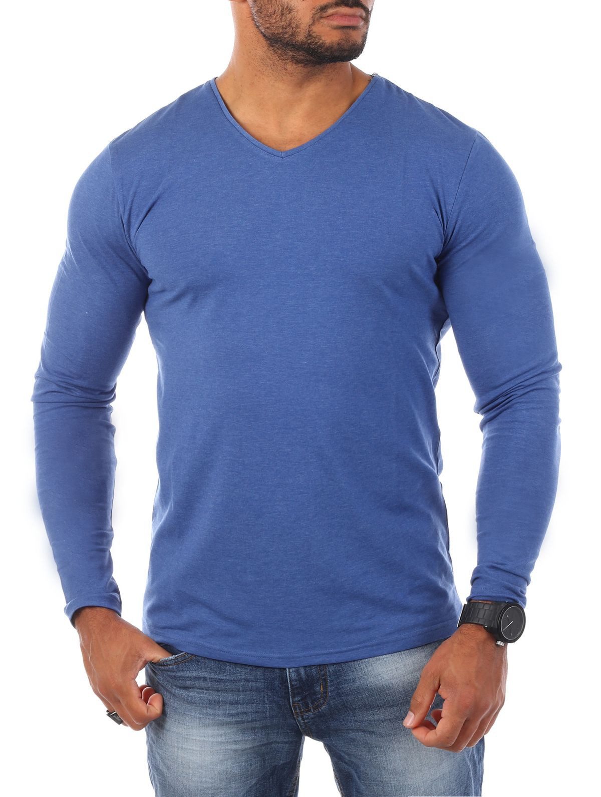 Langarmshirt Herren Uni Basic Longsleeve V-Ausschnitt V-Neck Unterziehshirt 2001