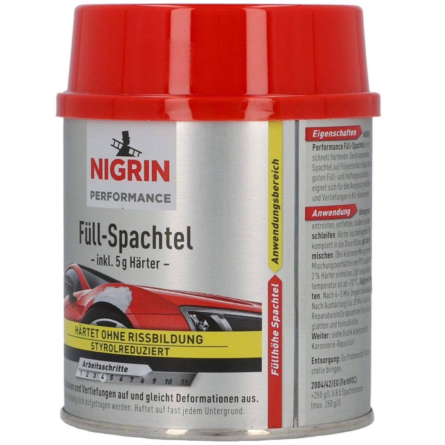 NIGRIN Spachtelmasse 2K Füll-Spachtel mit Härter 250g für tiefe Dellen, Reparatur-Spachtel Spachtel-Masse Füller Polyesterharz Karosserie