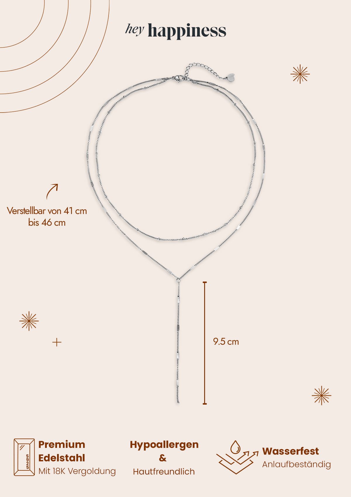 Hey Happiness Y-Kette Layering Kugel & Plättchen, Vergoldete Damen Lariat-Kette aus Edelstahl, wasserfest