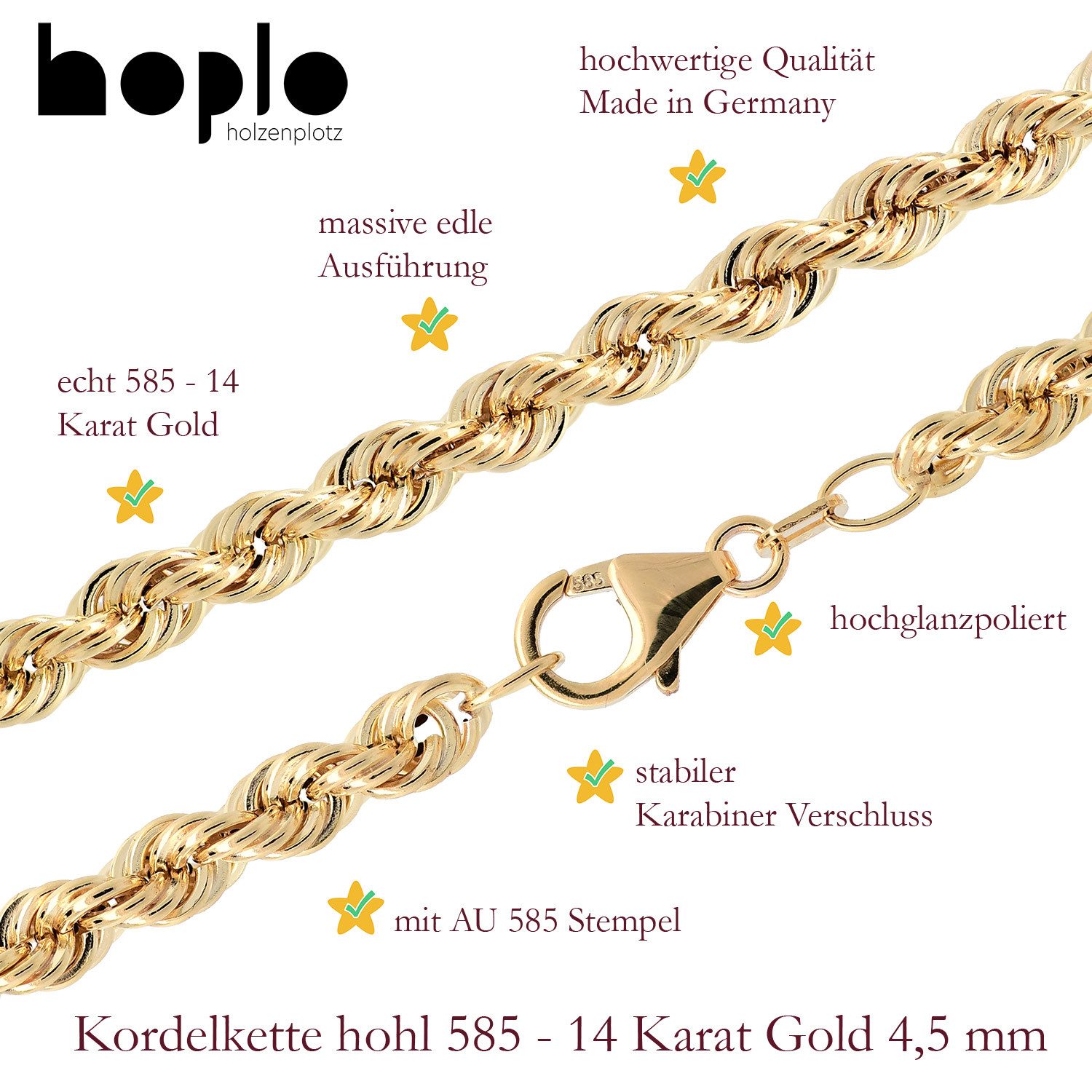HOPLO Goldarmband Goldarmband Kordelkette hohl 4,5 mm Armkette 19cm - 585-14 Karat Gold, Made in Germany