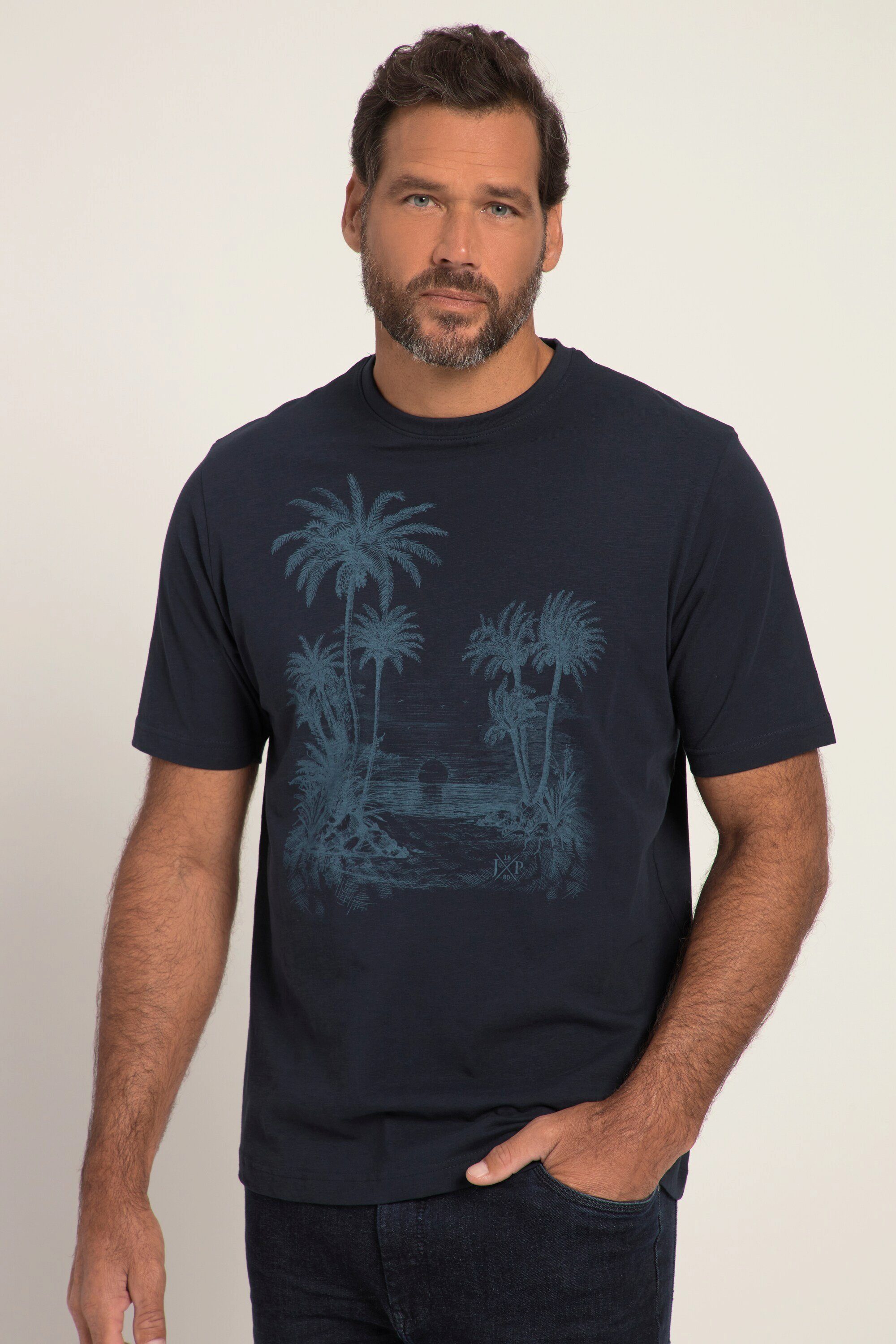JP1880 T-Shirt T-Shirt Halbarm Palmen Print Flammjersey navy blau