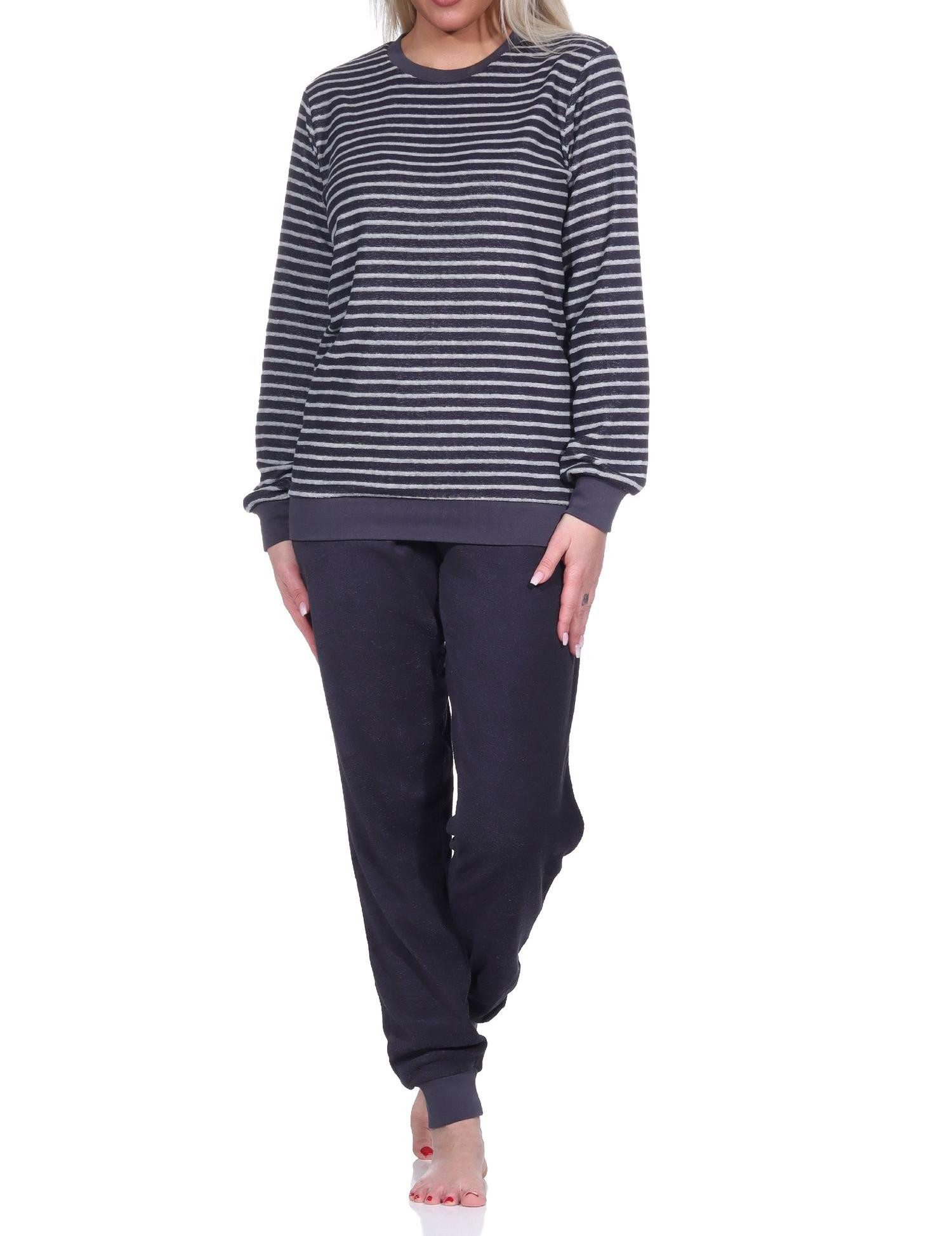 Normann Pyjama Damen Frottee langarm Schlafanzug mit Bündchen in Streifenoptik