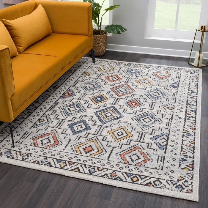 Teppich Wohnzimmerteppich - Multicolour - Bordüre Muster Ethno Look payé Rechteckig Höhe: 9 mm