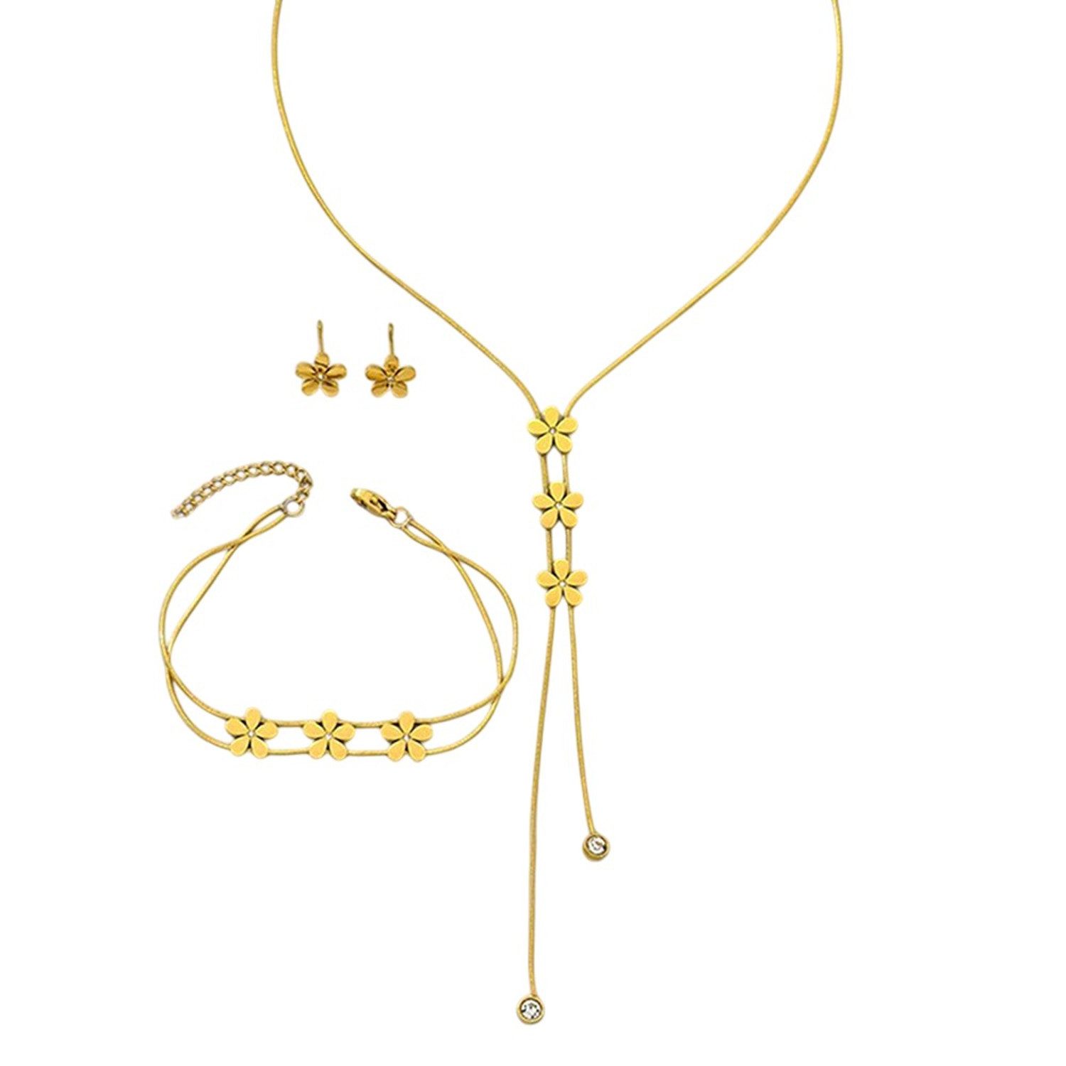 KARMA Schmuckset Damen Blumen Gold Edelstahl vergoldet (wasserfest hypoallergen rostfrei, 3-tlg., Halskette Geschenk für Sie), Kette Ohrringe Armband verstellbar