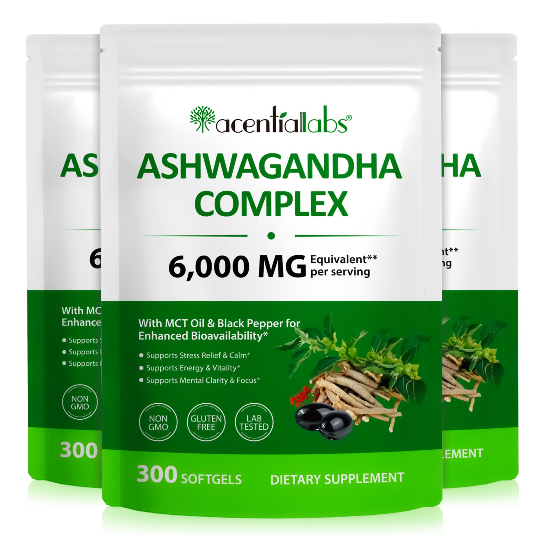 Acentiallabs Ashwagandha Extrakt Komplex Hochdosiert 300 Softgels Laborgeprüft Softgels, Ashwagandha-Extrakt, Softgels, Nahrungsergänzungsmittel