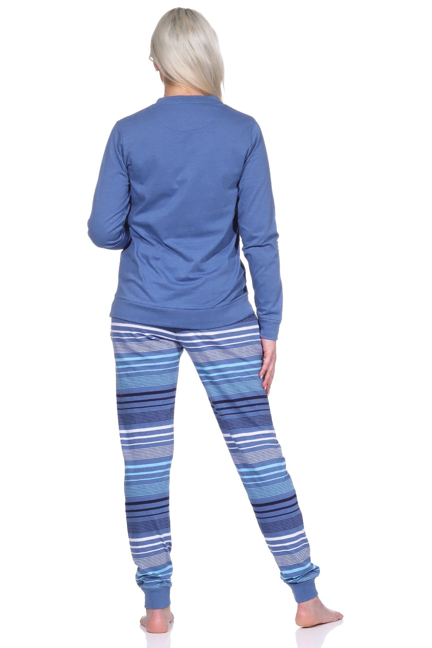 Normann Pyjama Damen Pyjama mit Bündchen gestreifter Herzmotiv + Hose und blau-melange