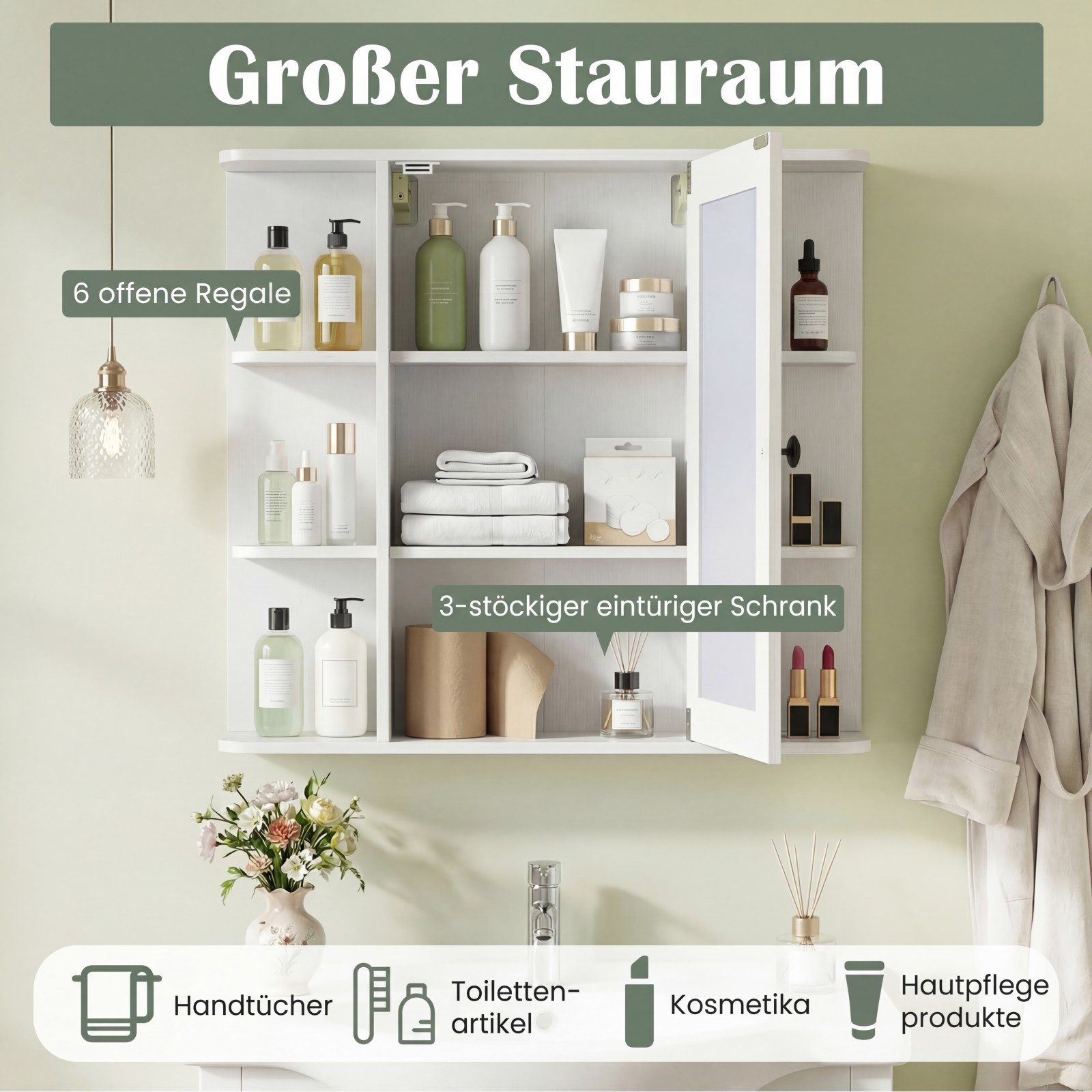COSTWAY Spiegelschrank Badschrank mit 3 Innenablagen & 6 offenen Fächern