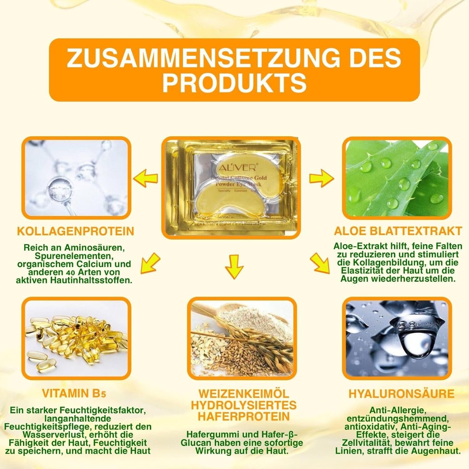 ALIVER Augenpads Crystal Collagen Gold Anti Aging Anti-Falten Feuchtigkeitsmaske in Box, 10-tlg., Augenpads Gold
