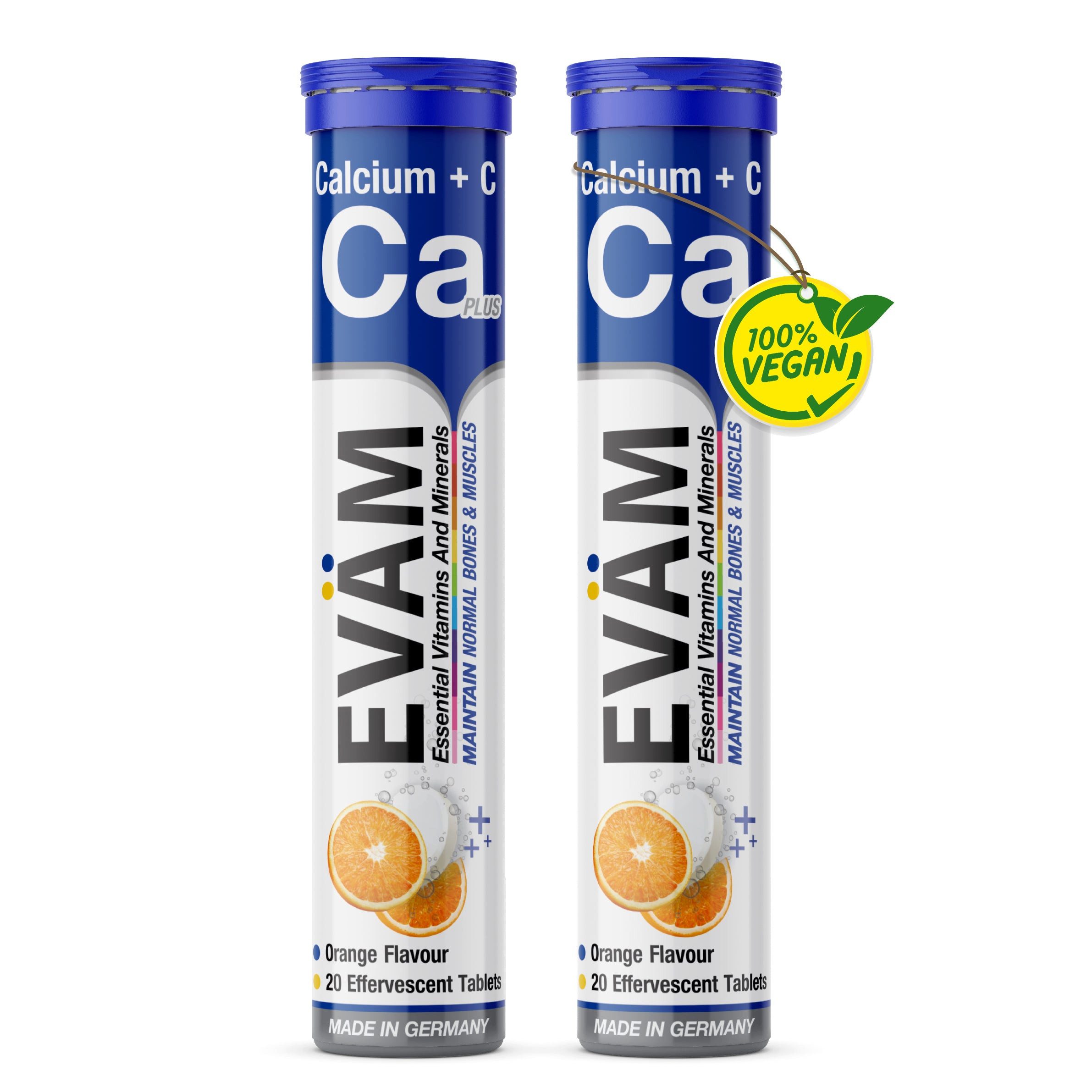 EVÄM Calcium + Vitamin C Brausetabletten, Orange, vegan Brausetabletten, 2 er Packung à 20 St., 164 g, Made in Germany