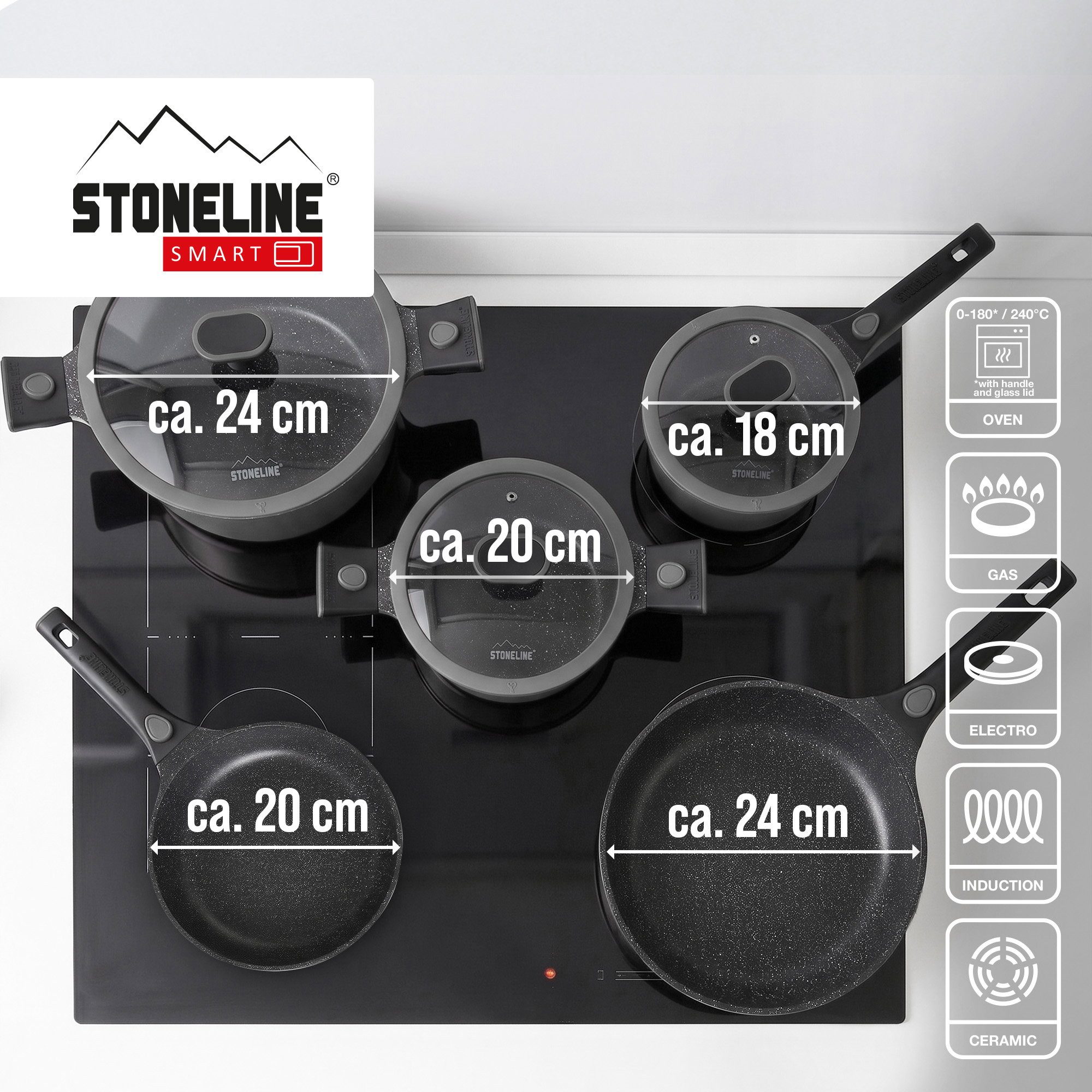 STONELINE Topf-Set, Aluminiumguss (8-tlg), mit echten Steinpartikeln, induktionsgeeignet, Designed in Germany