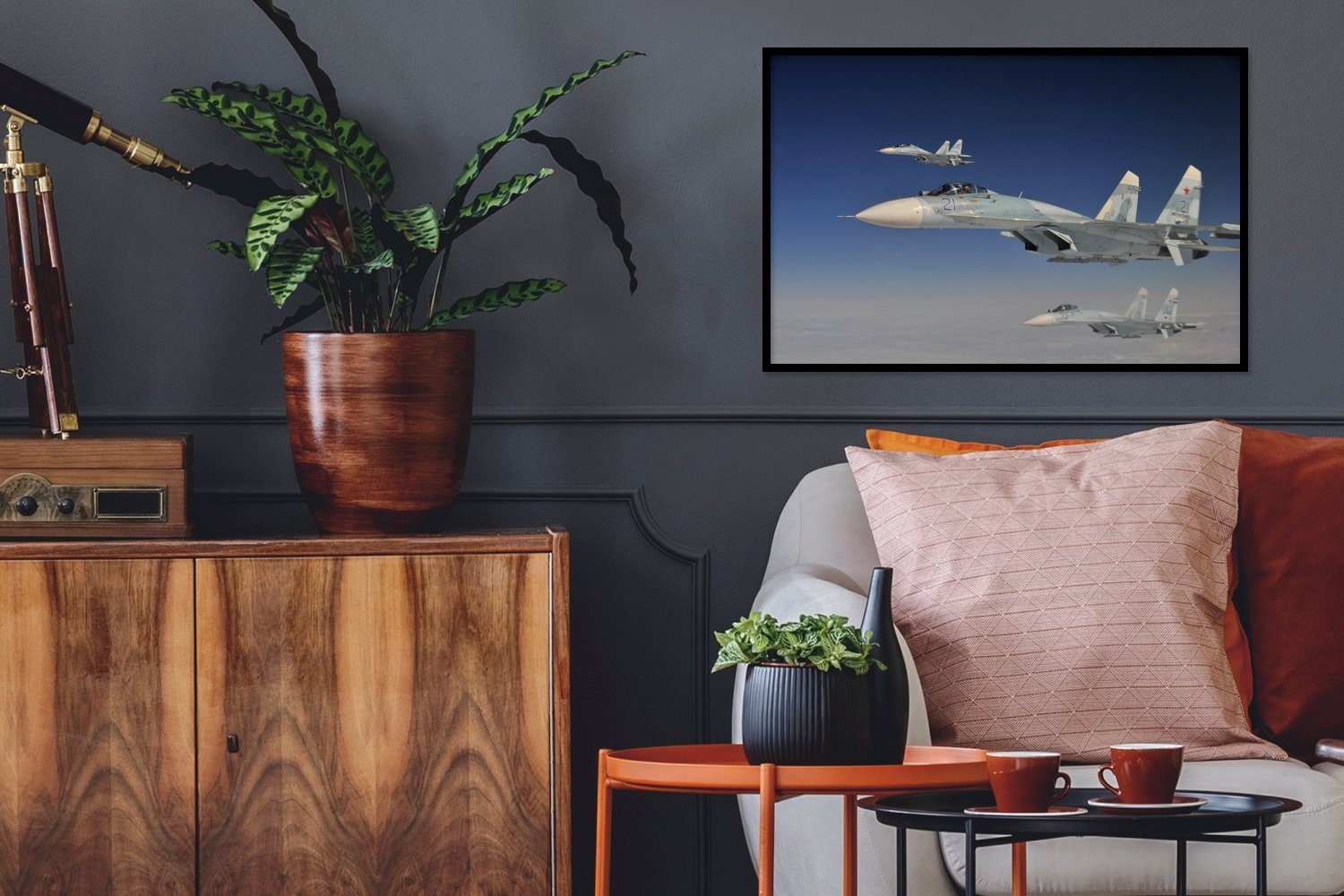 MuchoWow Poster Flugzeuge - Düsenjäger - Pilot, (1 St), Bilderrahmen, Poster Wand Dekoration, Wanddeko, 60x40 cm