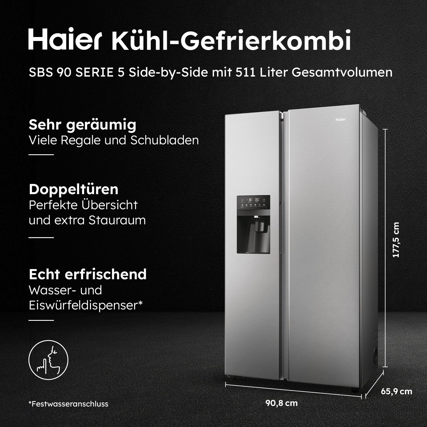 Haier Side-by-Side SBS Slim HSR5918DIMP, 177,5 cm hoch, 90,8 cm breit, 178 cm hoch, 91 cm breit, Nutzinhalt: 511 Liter, Extrem leise