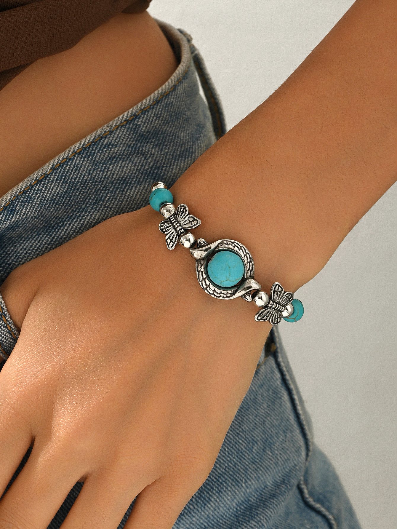 The Beauty House Armband Boho Vintage Armband mit Naturstein Schmetterlings-Elemente, – Stilvolles Statement-Armband in Silberoptik