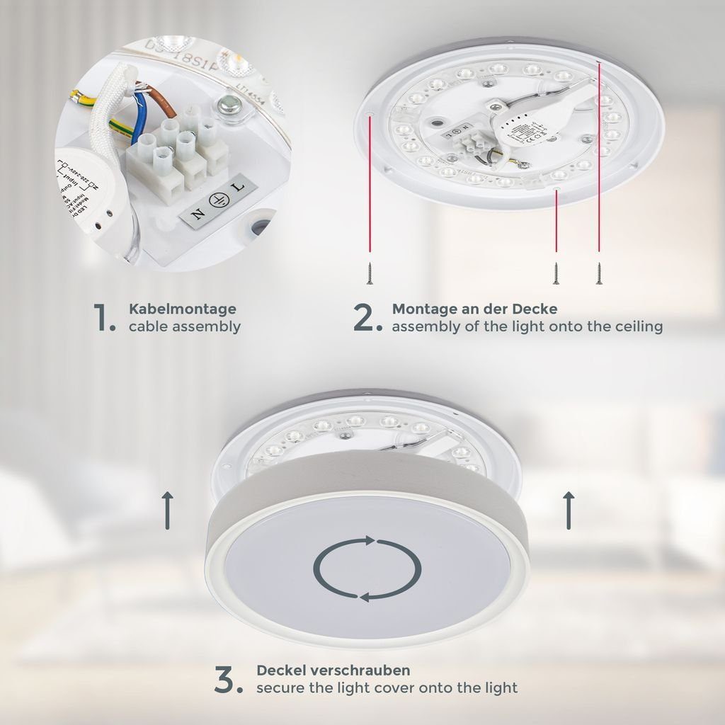 Deckenlampe cm Weiß-Matt Durchmesser - BKL1465, Küche fest 1.500lm Wohnzimmer LED 4.000K 33,5 Deckenleuchte B.K.Licht 15W Neutralweiß, integriert, LED