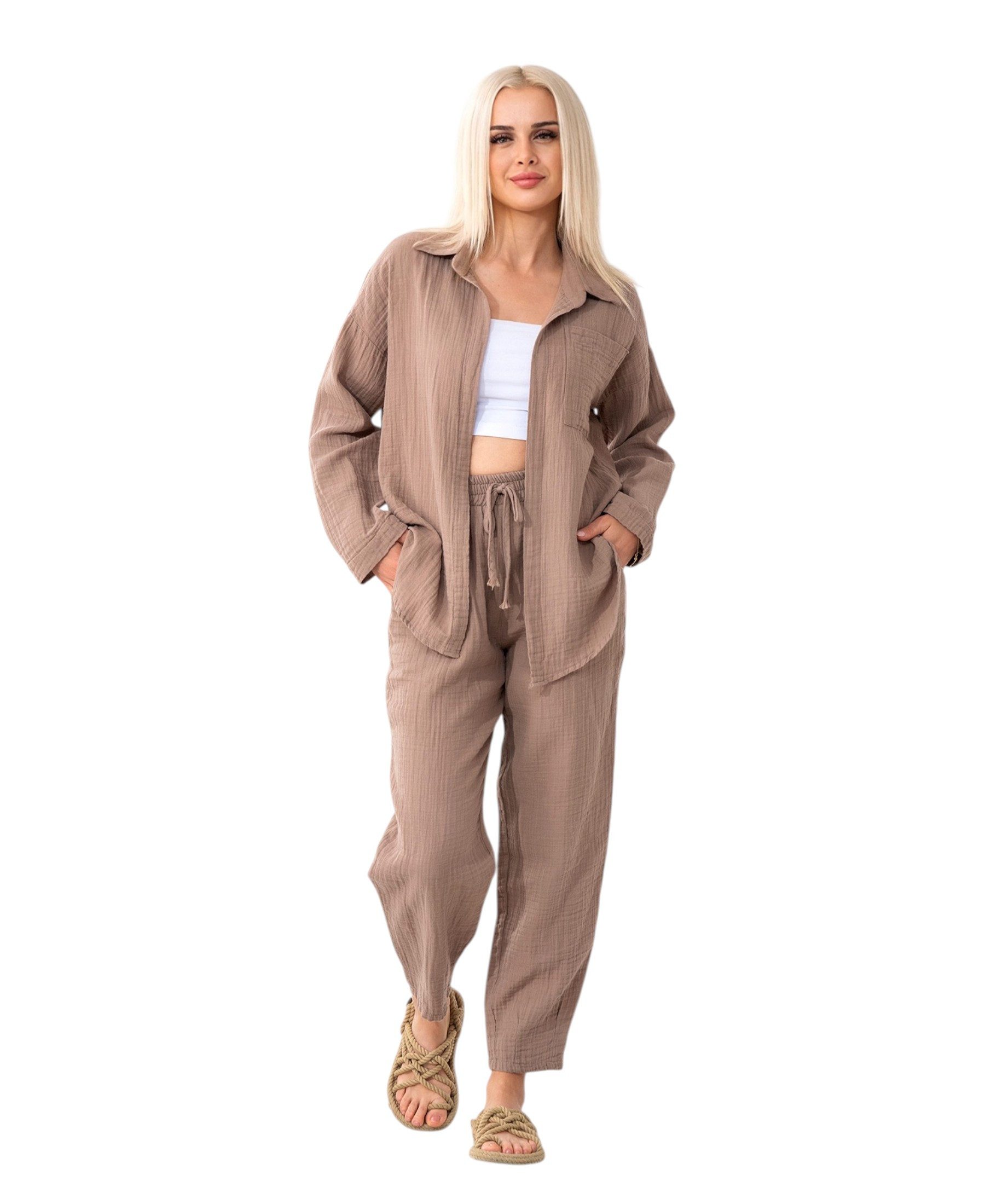 WENOR Hemdbluse Damen Musselin Oversize Bluse Langarm – Einheitsgröße 34-40