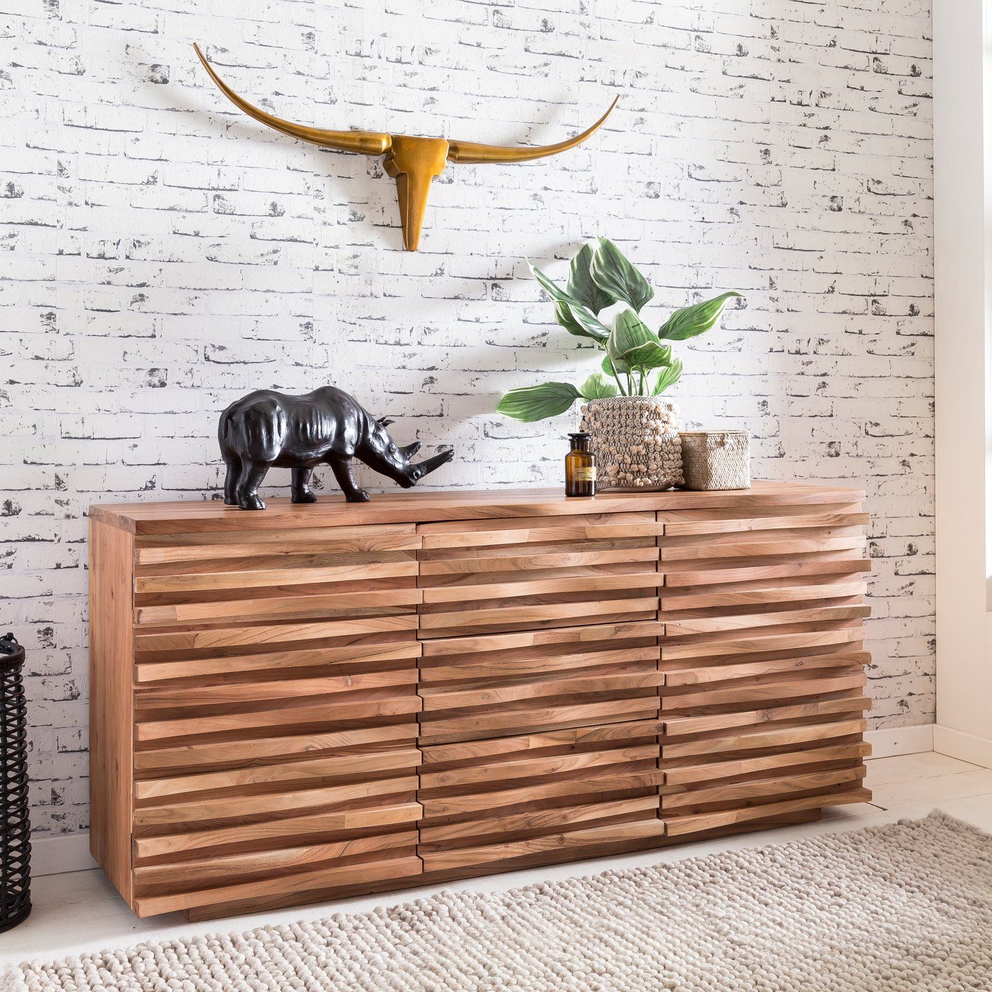 Wohnling Sideboard WL5.200 Massivholz Akazie 160 cm Anrichte Schublade Kommode Schrank (160x75x43 cm Massivholz Akazie Baumkante Anrichte), Standschrank, Kommode mit Schubladen & Türen