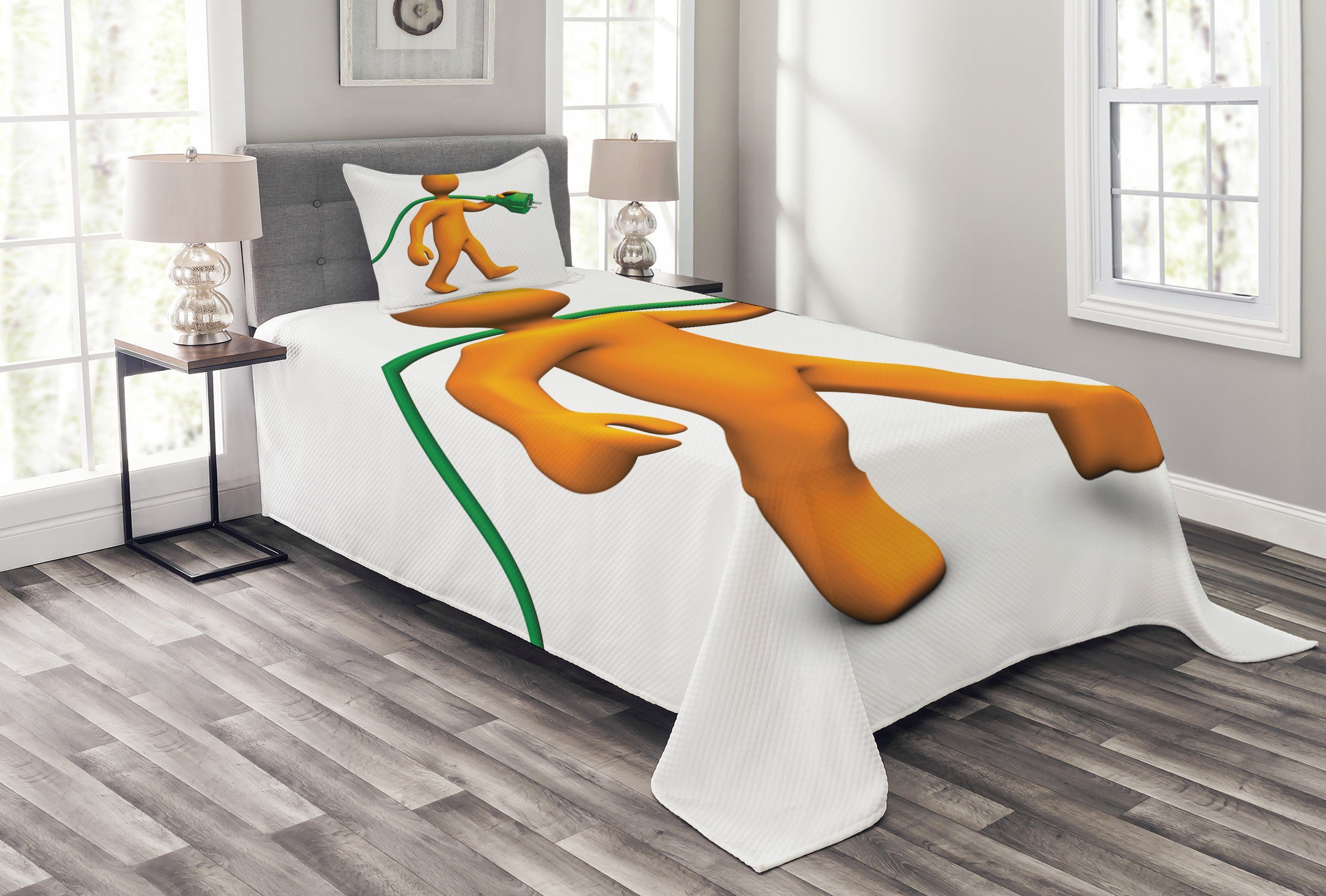 Tagesdecke Set mit Kissenbezügen Waschbar, Abakuhaus, grün orange Karikatur