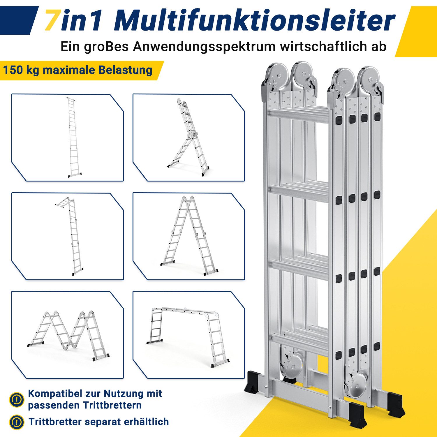 Clanmacy Vielzweckleiter 7 in 1 Multifunktionsleiter Gerüst 468cm Mehrzweckleiter Klappleiter (Multifunktionsleiter, Vielzweckleiter, Gelenkleiter, Universallei – Bild 3 von 5