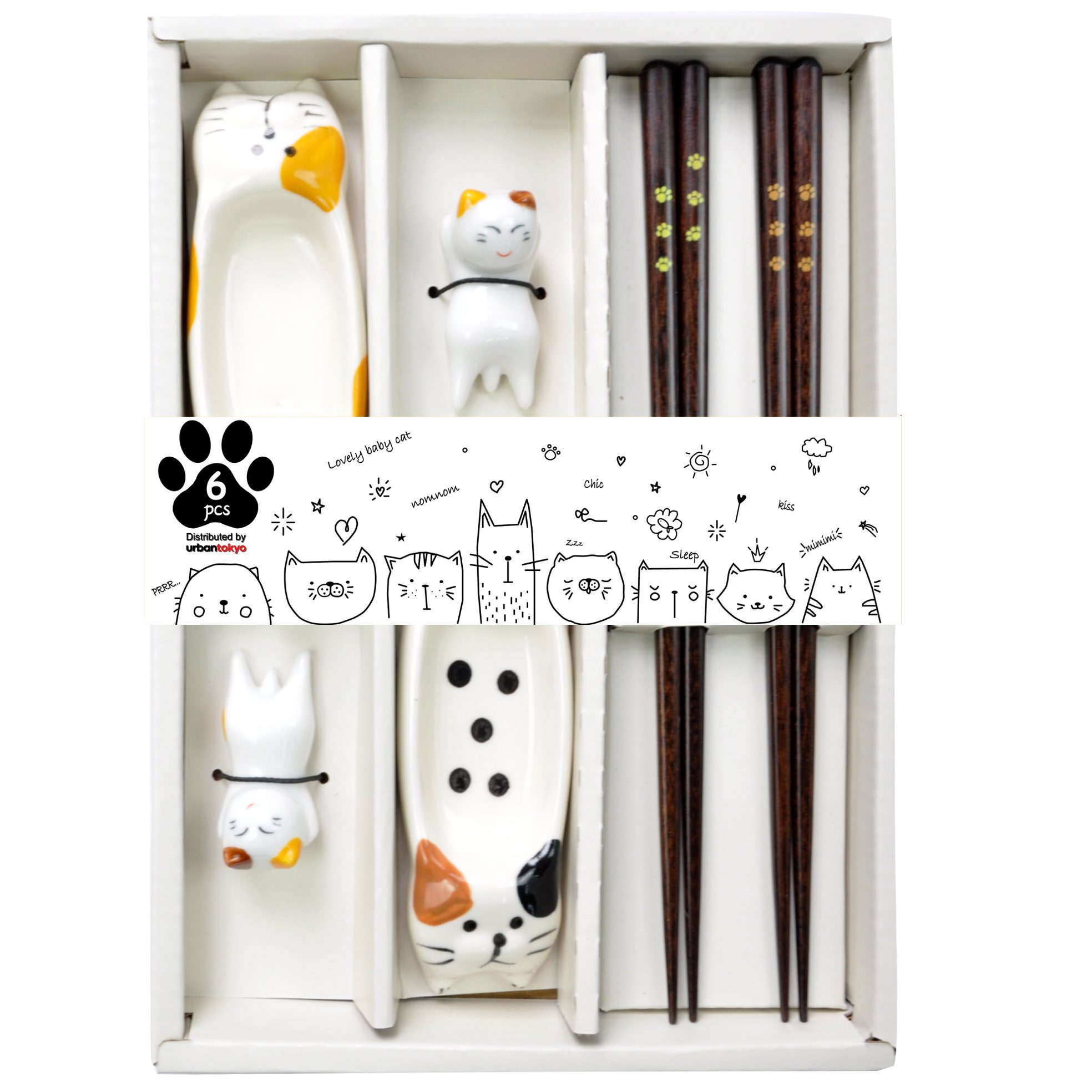 Dark-Desires Essstäbchen Kawaii Anime Geschenk Essstäbchen-Set mit niedlichen Katzen-Ablagen