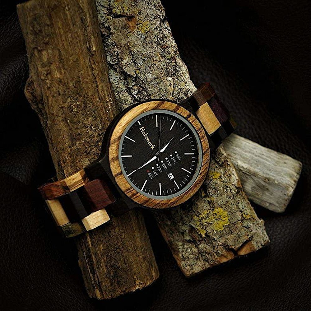 Holzwerk Quarzuhr NEUMARK Damen und Herren Holz Uhr mit Datum in schwarz, Walnuss braun