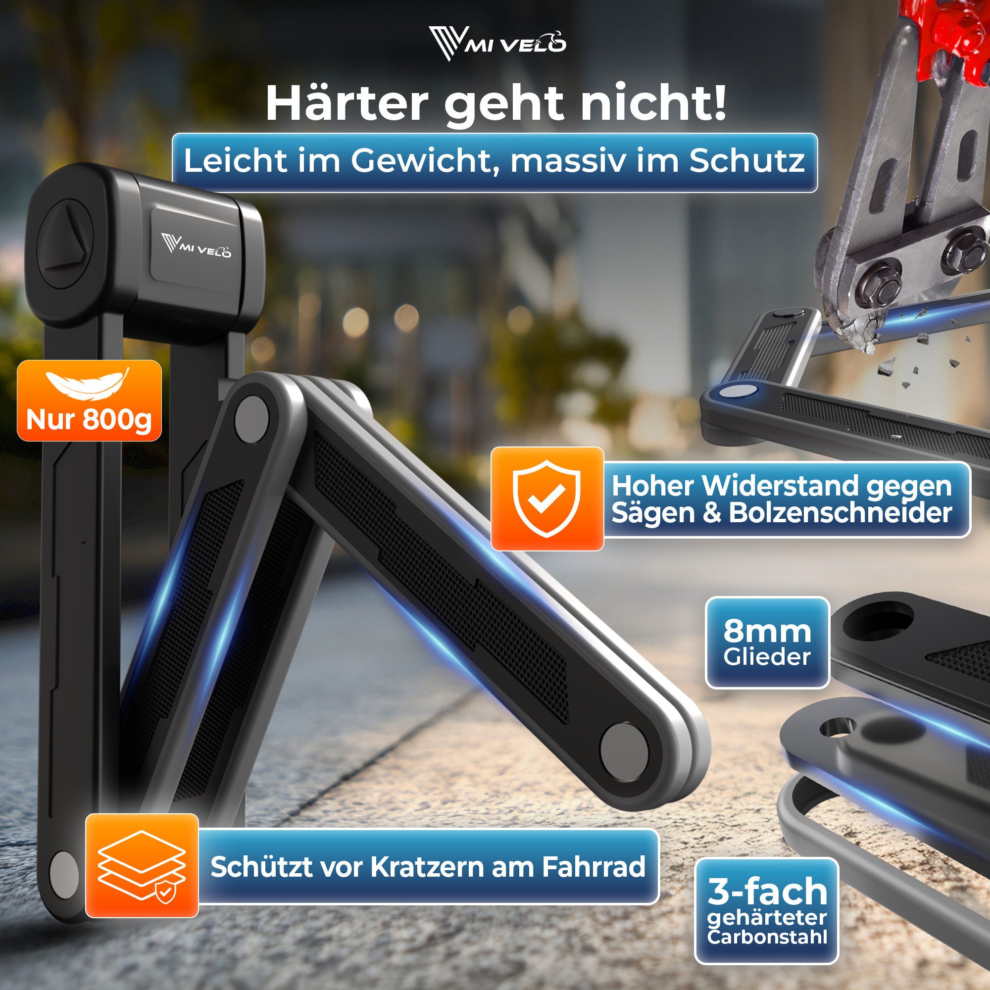 MIVELO Faltschloss hohe Sicherheit, Fahrradschloss mit Schlüssel inkl. Halterung 85 cm, 8 mm Carbonstahl Glieder