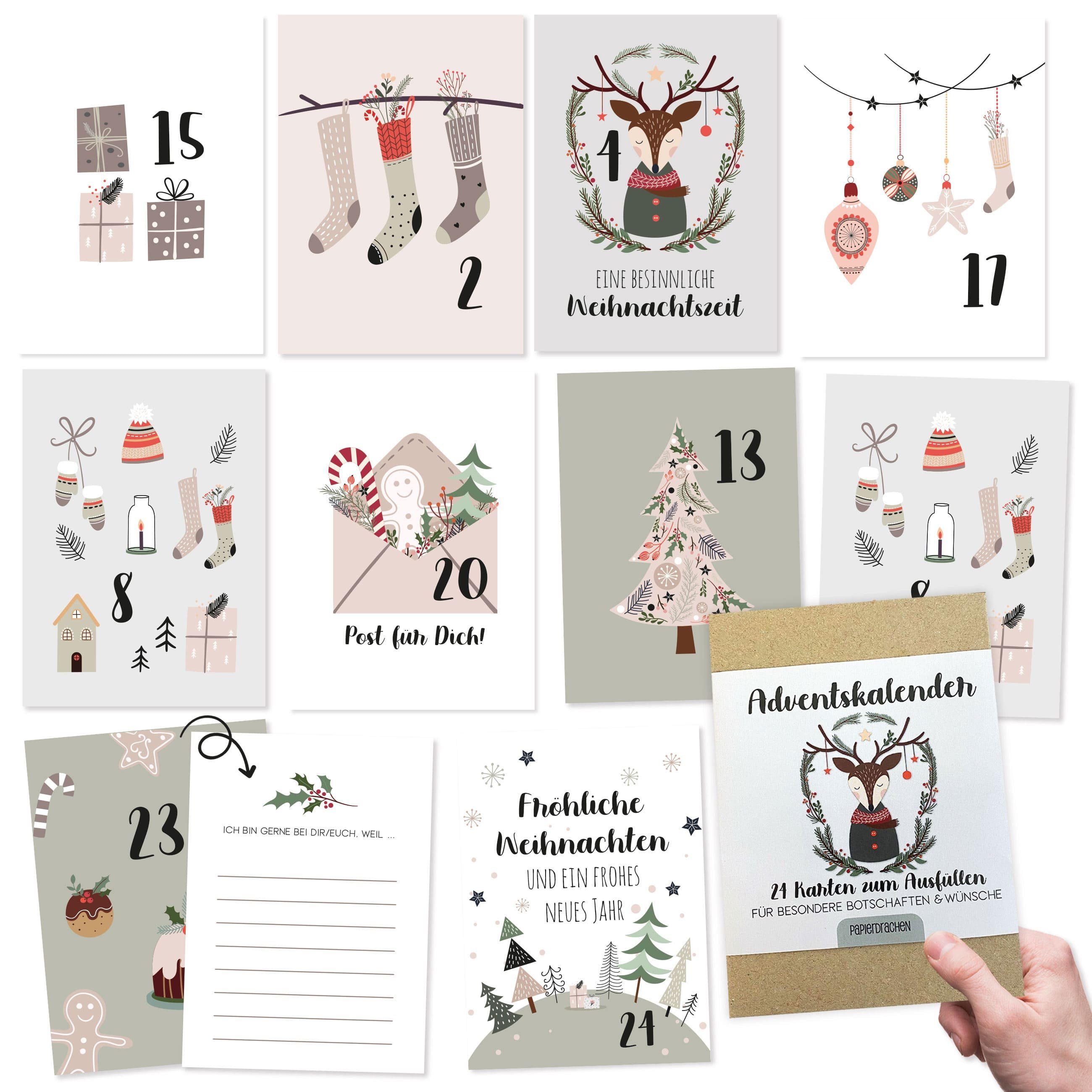 PAPIERDRACHEN Adventskalender 24 Karten Adventskalender - Geschenkidee in der Vorweihnachtszeit, zum Basteln und Verschenken
