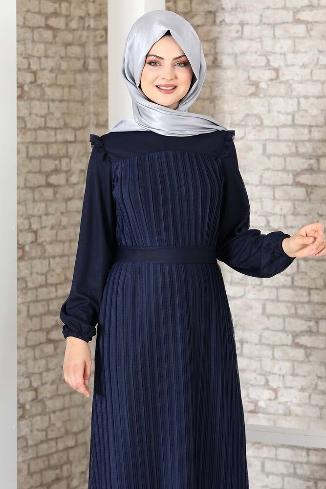 Lady Abendkleid Abiye Schulterdetail, mit Kleid Damen Modavitrini Kleid Navy-Blau Abaya Schulterdetail Hijab Falten-Optik