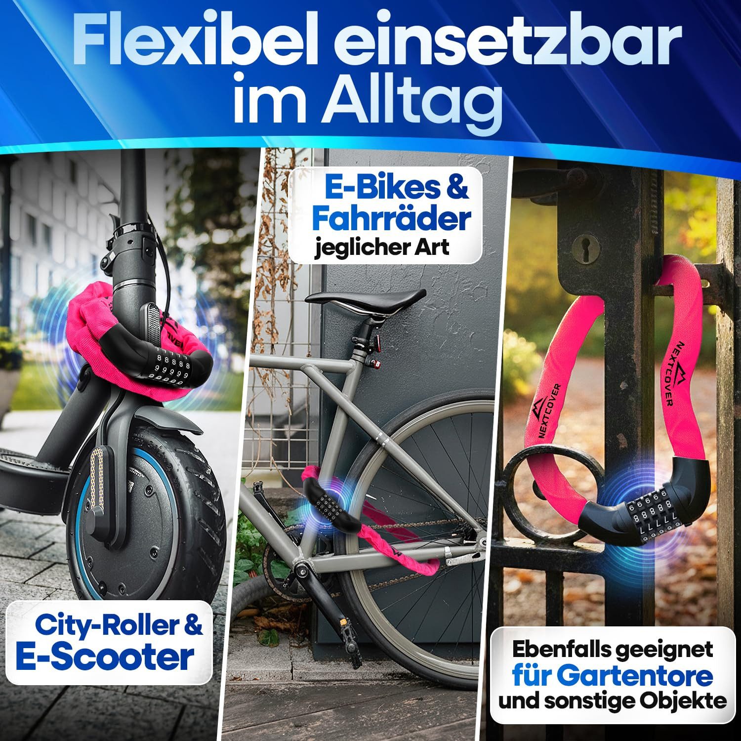 Nextcover Kettenschloss NEXTCOVER® Fahrradschloss LockOne mit Zahlencode oder Schlüssel – Bild 5 von 5