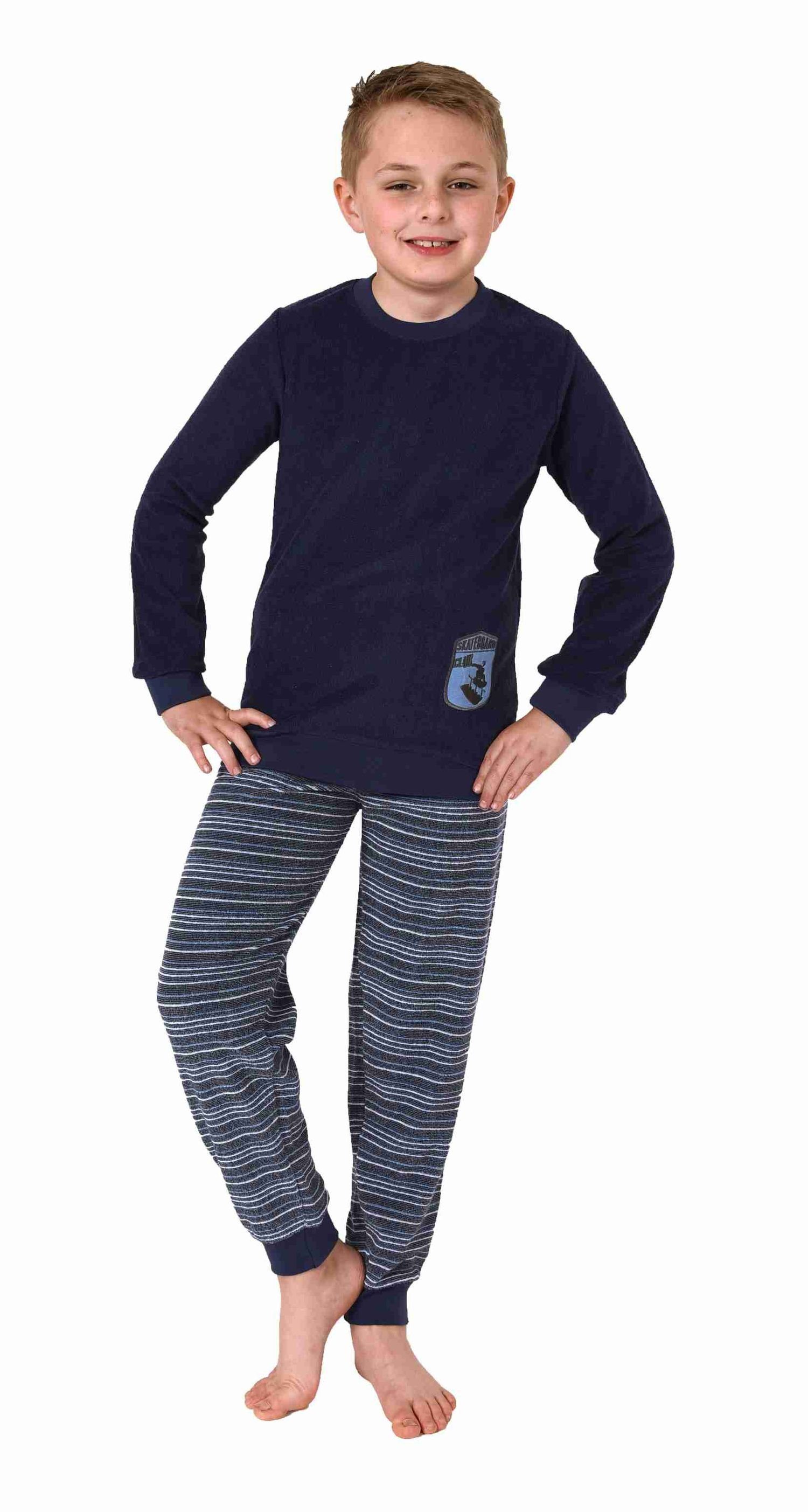 Normann Pyjama Jungen Frottee langarm Schlafanzug mit Bündchen und Skaterboard-Motiv blau