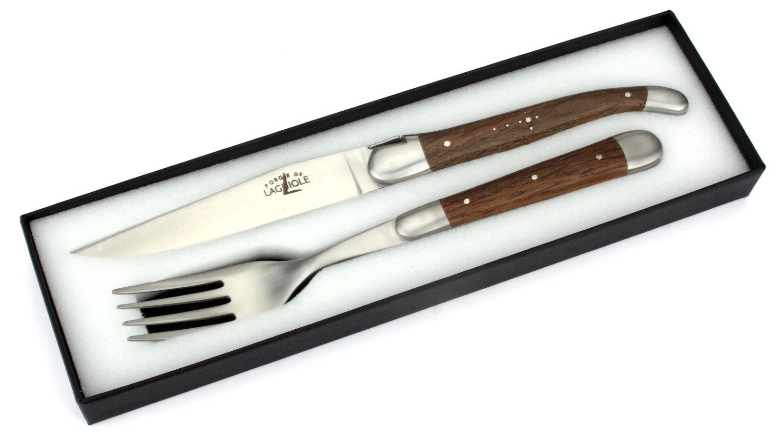 Forge de Laguiole Steakbesteck TF 2M IN CHFC SAT, 1 Messer / 1 Gabel - Griff fossile Mooreiche - Stahl satiniert