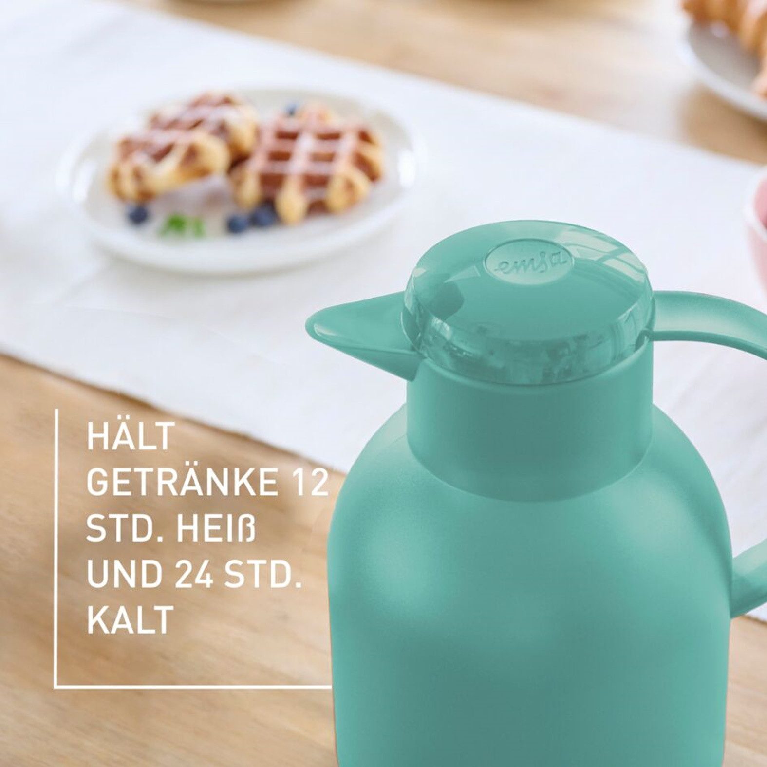 Emsa Isolierkanne Samba, 1 l, zeitloses Design, einfacher Knopfdruck, 24h kalt, 12h warm