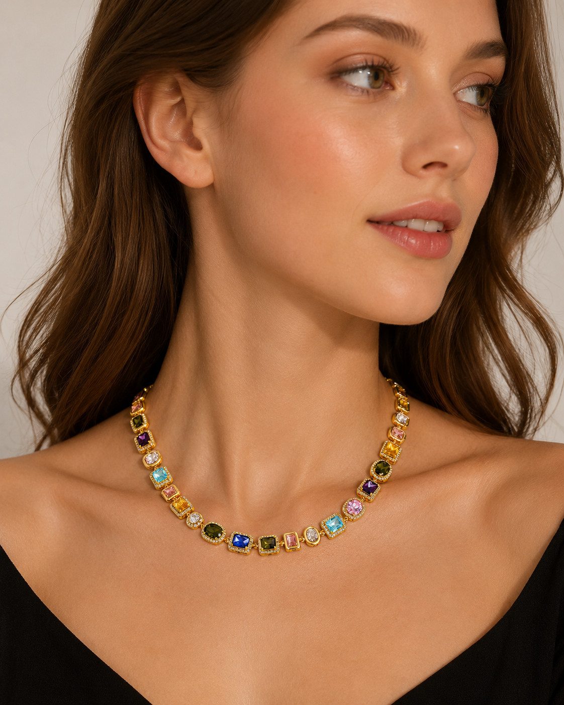 RAIKOU Collier Damen Zirkonia Schmuckset, Halskette /Armband, gold/silberfarben, Farbige Zirkonia-Steine