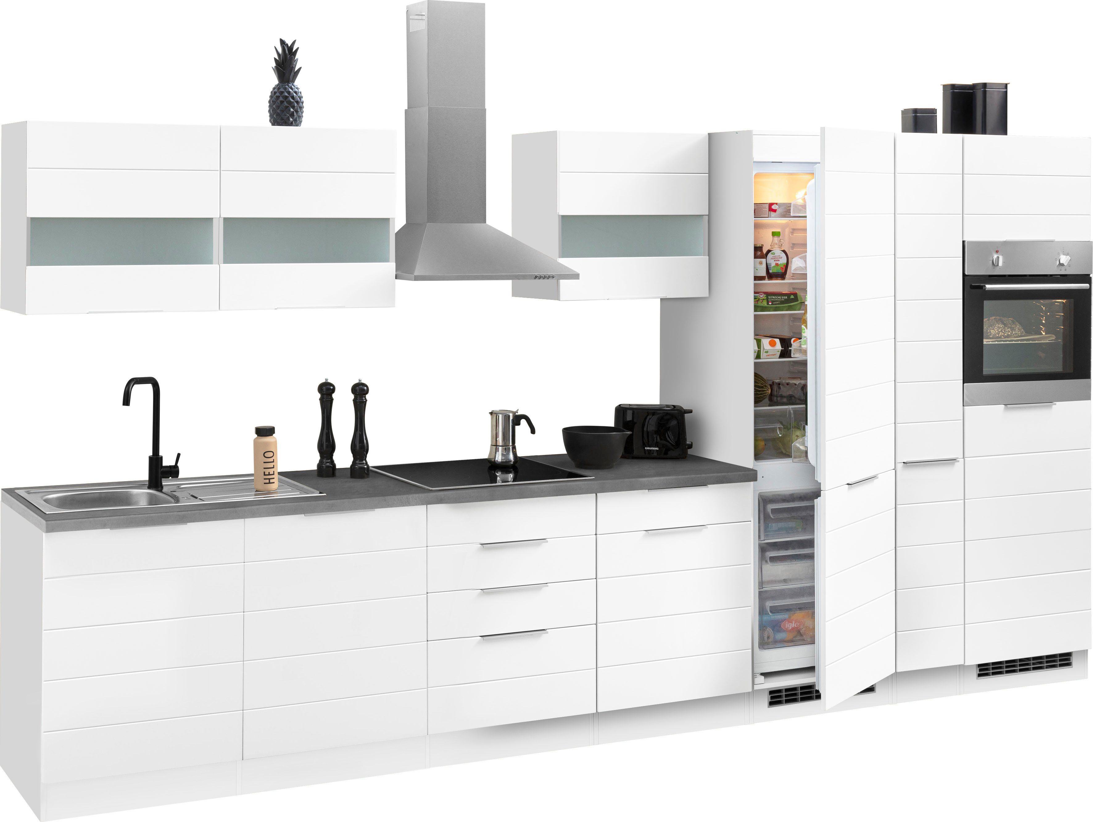 KOCHSTATION Küchenzeile KS-Luhe, 390 cm breit, wahlweise mit oder ohne E-Geräten, gefräste MDF-Fronten