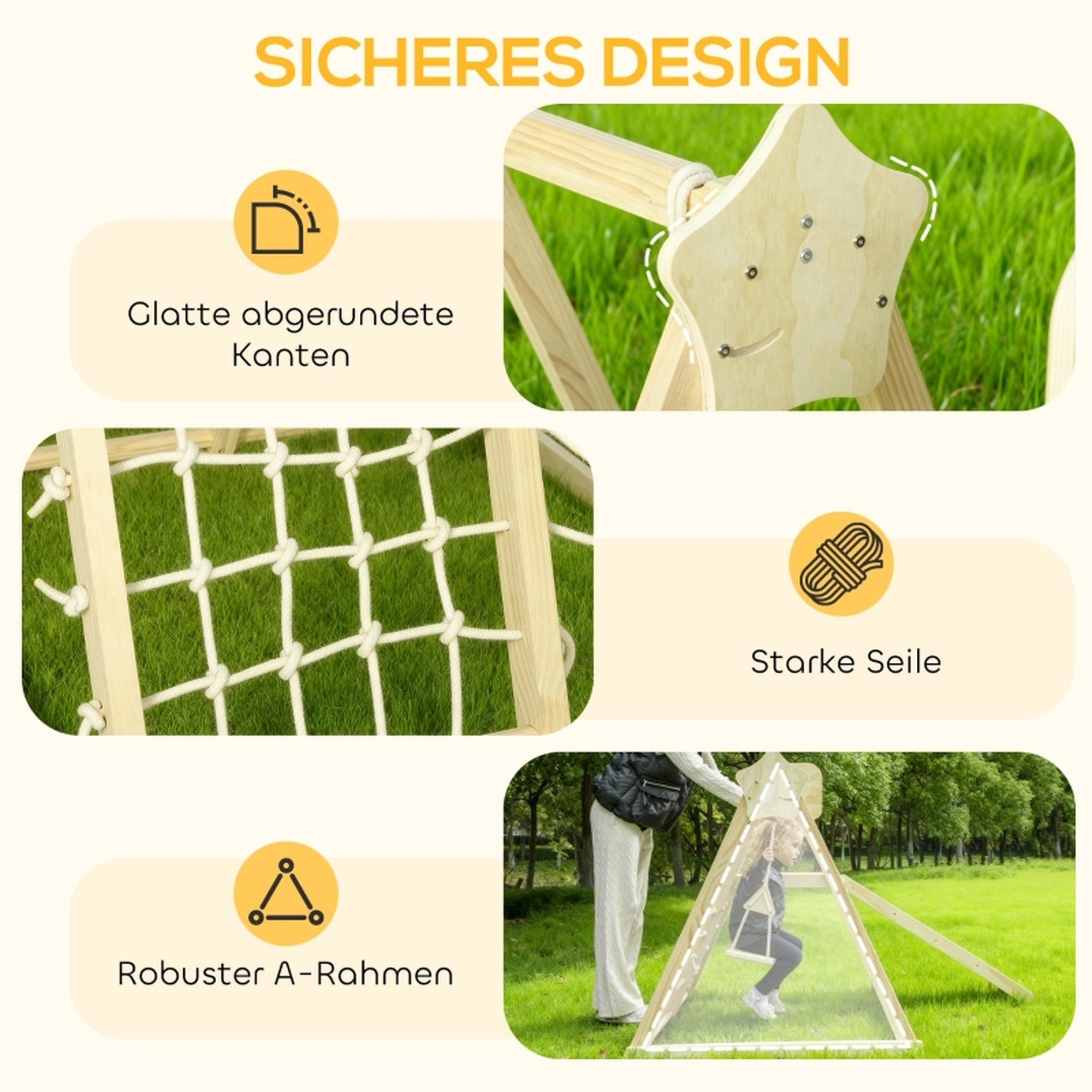 MC Star Klettergerüst 5-in-1 Indoor-Klettergerüst mit Rutsche, Schaukel, Kletternetz, (Basketballkorb, klappbar, 3-6 Jahre, Naturholz)