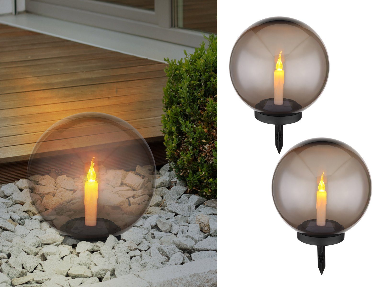 GLOBO LIGHTING LED Solarleuchte, Dämmerungssensor, LED fest integriert, Warmweiß, 2er Set Solarkugeln Kerze-n Outdoor Leuchtkugeln Solarlicht, Ø38,5cm