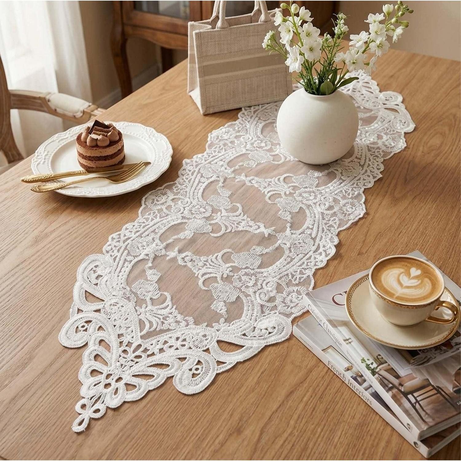 LuxusKollektion Tischläufer Tischläufer Spitze Weiss Vintage 24x74cm (1-tlg)