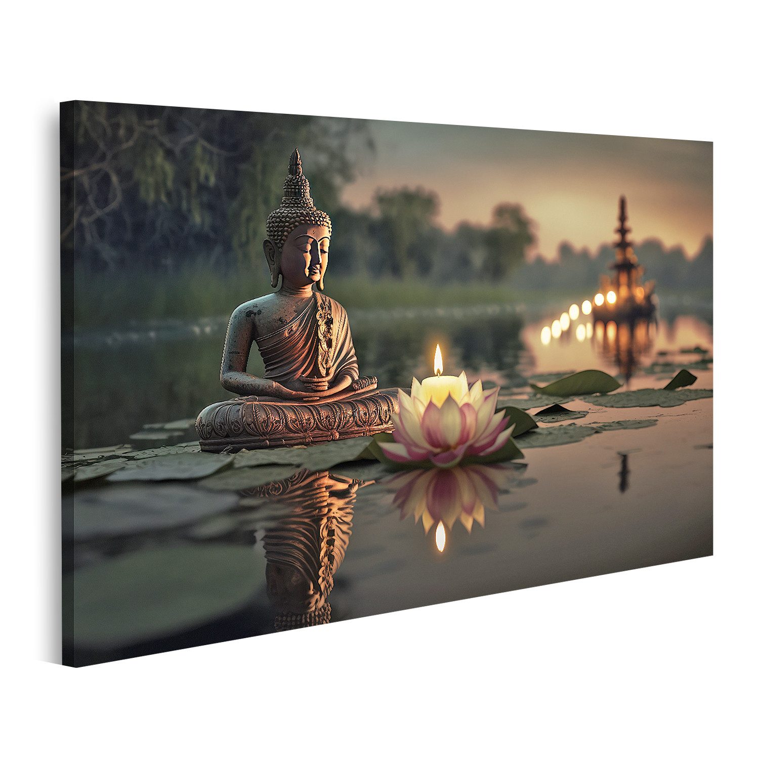 islandburner Leinwandbild Buddha Meditation mit Kerzen und Lotusblume im Wasser Wandbild