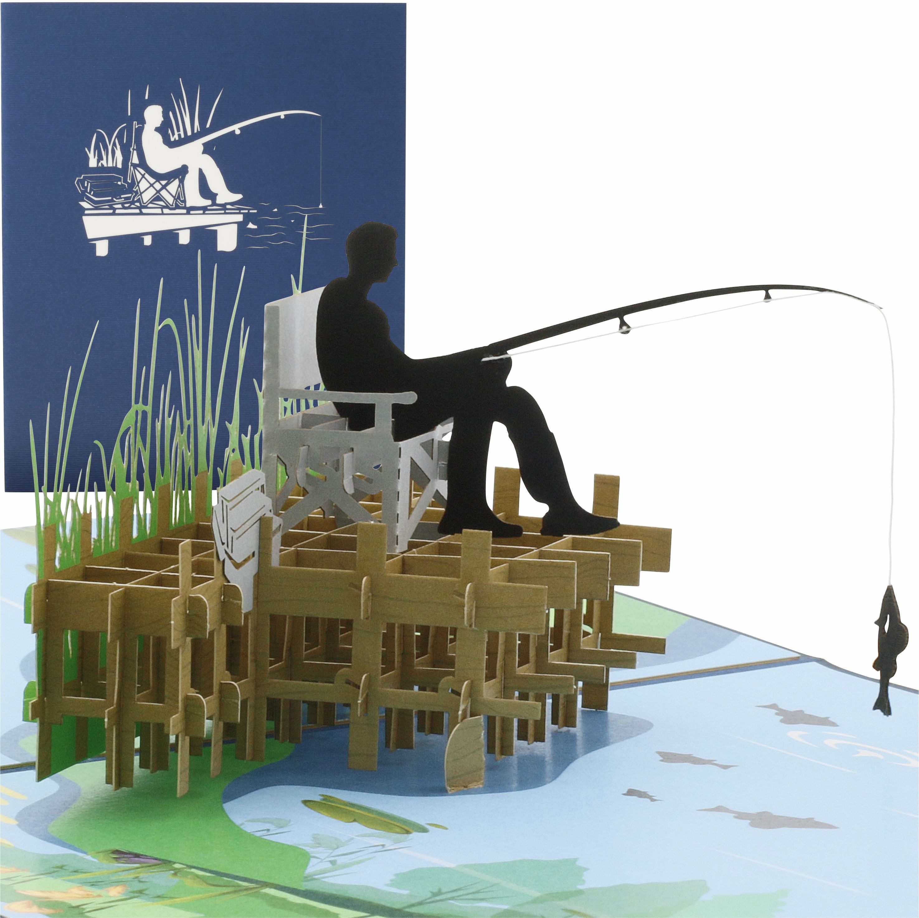 design3dkarten Glückwunschkarte Pop-Up Karte für Angler – Angler am Steg mit beweglichem Fisch, mit herausnehmbarem Einleger, Umschlag und Schutzhülle