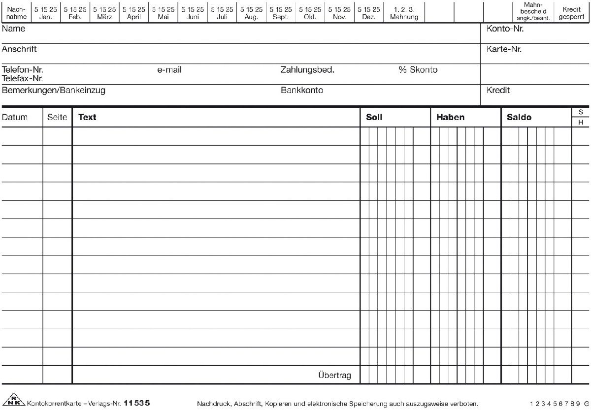 RNK Verlag Karteikarten Kontokorrentkarte A5 quer 170 g/qm liniert weiß VE=100 Stück