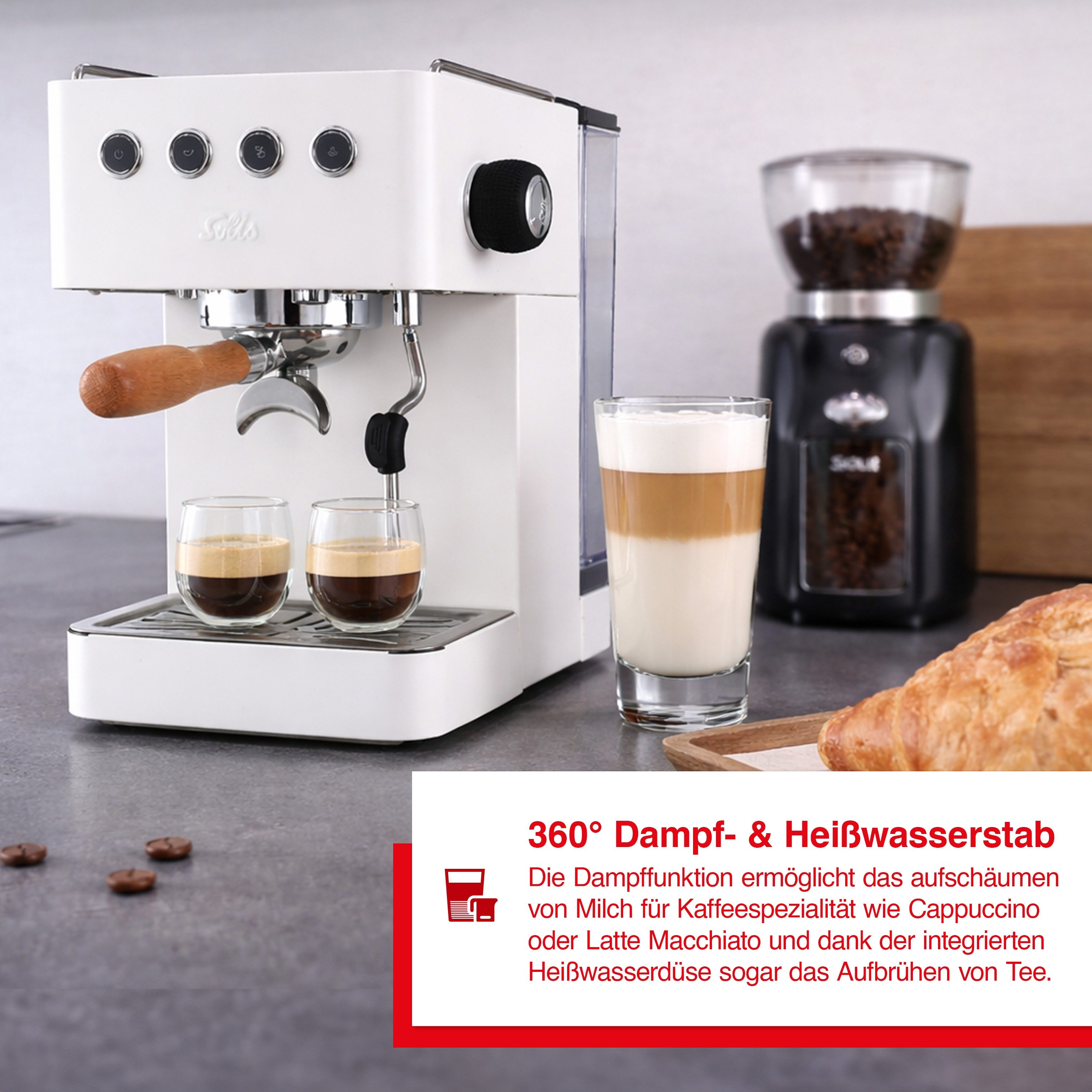 SOLIS OF SWITZERLAND Siebträgermaschine, Siebträger 58 mm, 15 Bar Druck, 360 ° Heißwasserstab, Programmierbar