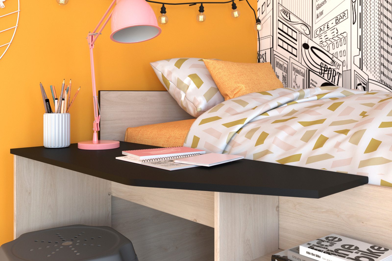 Parisot Hochbett Milky (Jugendbett 90 x 200 cm, Eiche mit schwarz) mit viel Stauraum