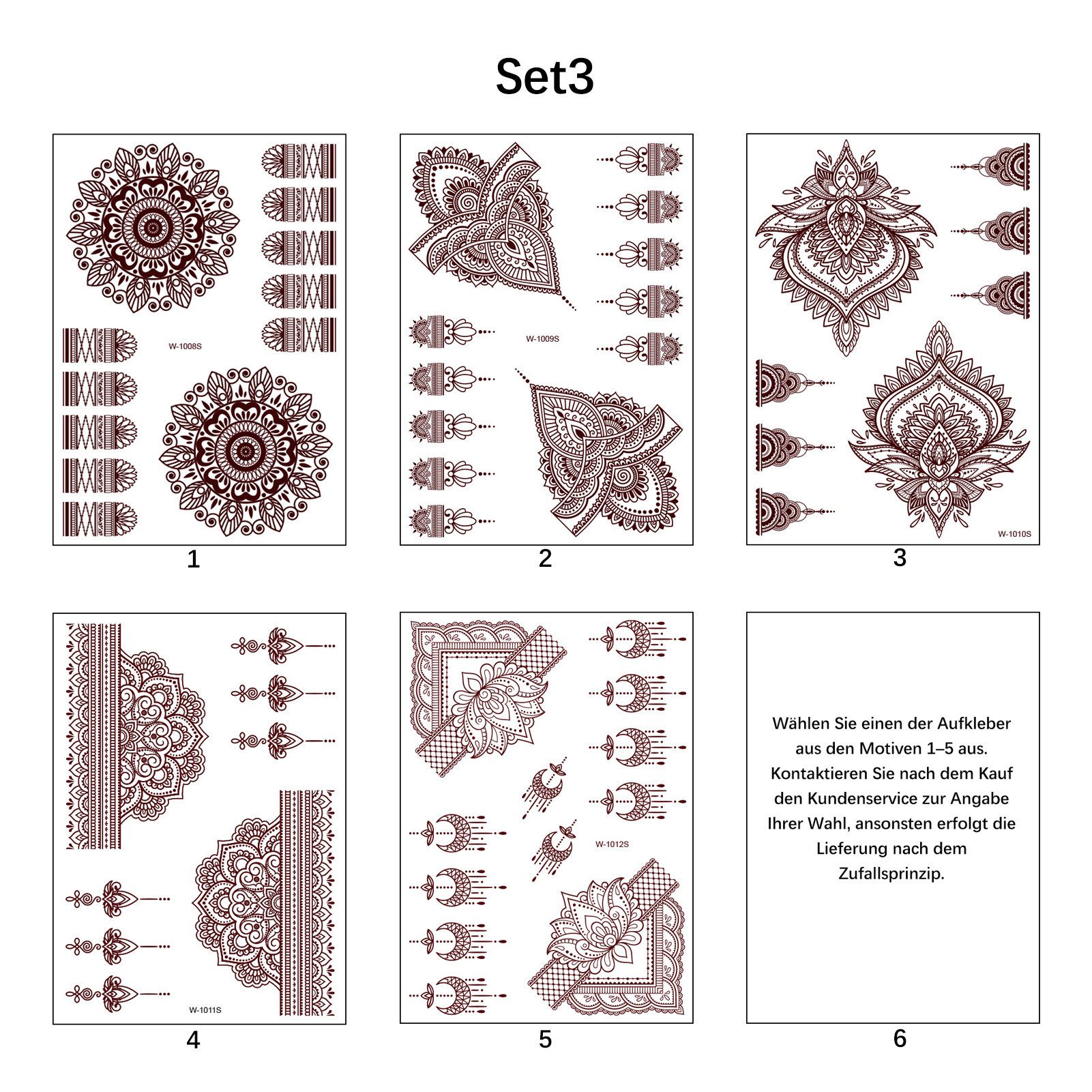 Jumpeak Schmuck-Tattoo Temporäre Tattoos,Henna Tattoo,Tattoos zum Aufkleben,Tattoo Aufkleber, 6-tlg., Temporary Tattoos,Braunrot,Spitze,Wasserfest,Für Erwachsene,6 Stück