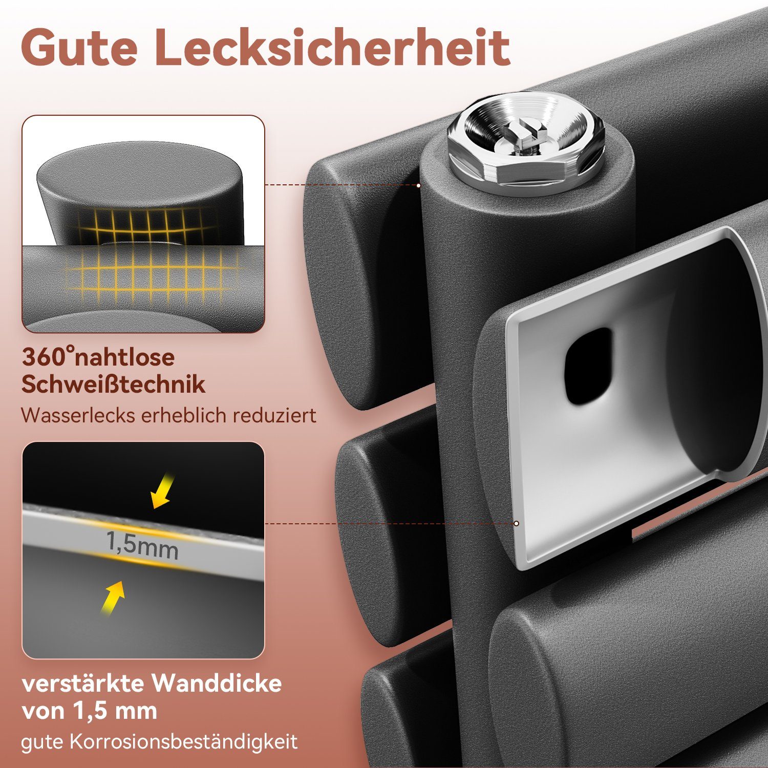 SONNI Designheizkörper Design Heizkörper 1200x593x79mm Doppellagig Anthrazit Röhrenheizkörper, Paneelheizkörper, Geeignet für Raumgröße: 9~14 Quadratmeter – Bild 3 von 5